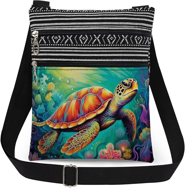 Coral Reef Turtle Crossbody Bag Turtle & Coral Print Messenger Bag for Adjustable Shoulder Strap Beach Travel Crossbody Purse Ocean Gift for Coastal Friend's