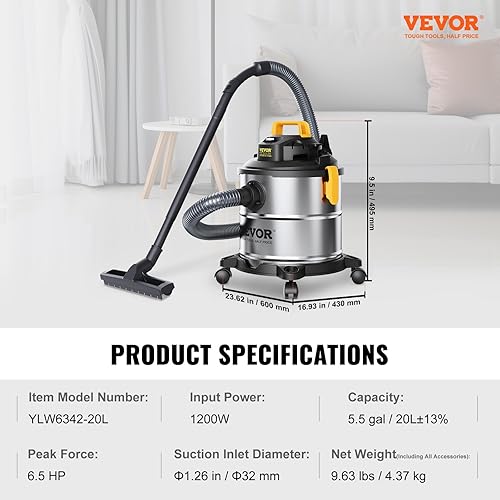 Miniatura 7 de VEVOR Aspiradora en seco y húmedo de acero inoxidable, 5.5 galones, 6 caballos de fuerza, potente succión con función de soplador y accesorios,