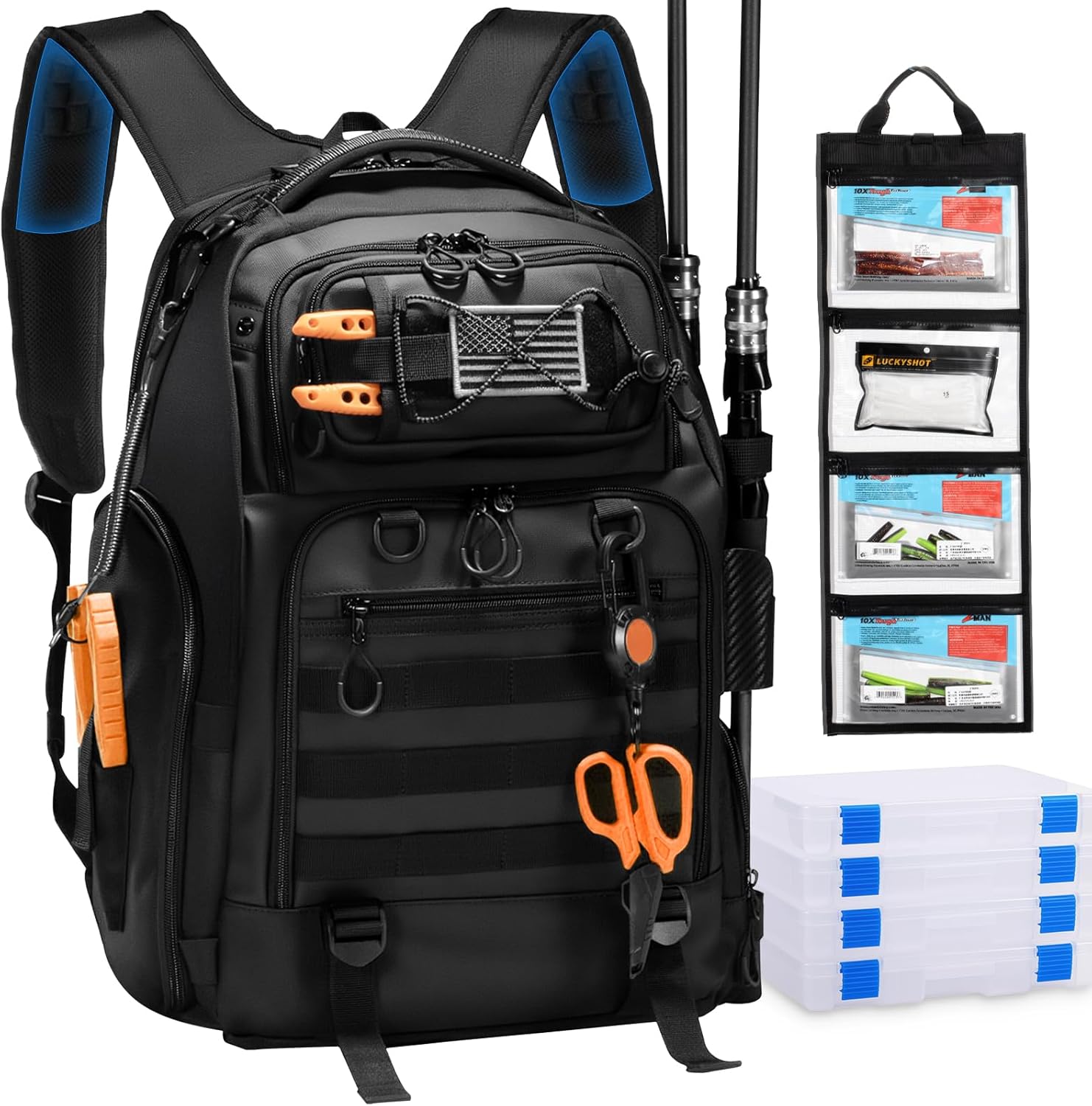 50L Fishing Tackle Backpack with Tackle Boxes & Rod Holders