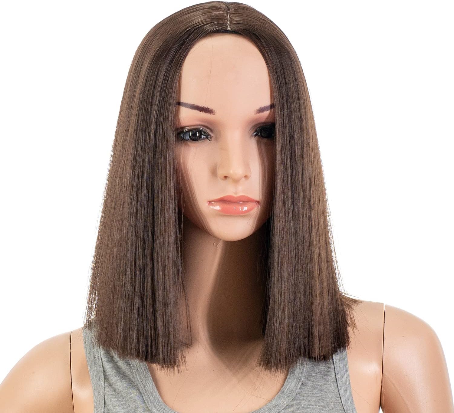 SWACC 12 Inch Short Length Straight Middle Part Hair Wig Synthetic Heat Resistant Wigs for Women with Wig Cap (Dark Brown-4#)
