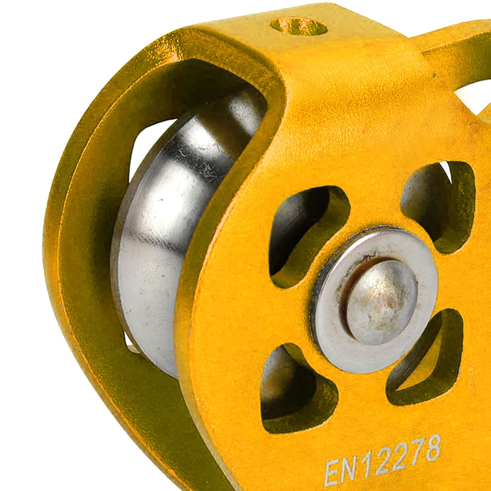 Double Climbing Zipline Pulley Highstrength Aluminum Alloy Stainless Steel Dual Bearing Design for Rock Climbing, Transportation, and Electric (Gold)