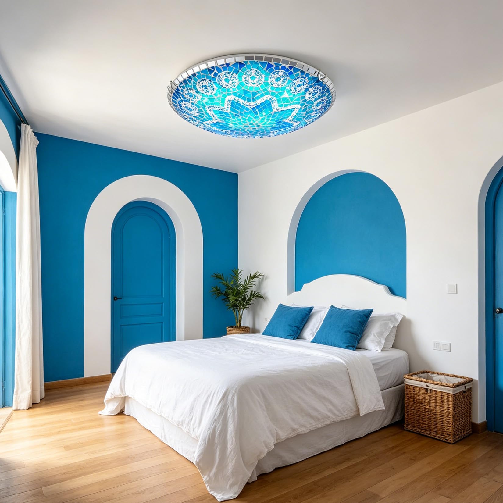 Yjmgrowing Mediterranean Blue Flush Mount Ceiling Light Handmade Turkish Mosaic Ceiling Lamp Bohemian Glass Light Fixture for Bedroom Hallway Entryway Dining Room Balcony Coastal Decor E26/E27,16inch