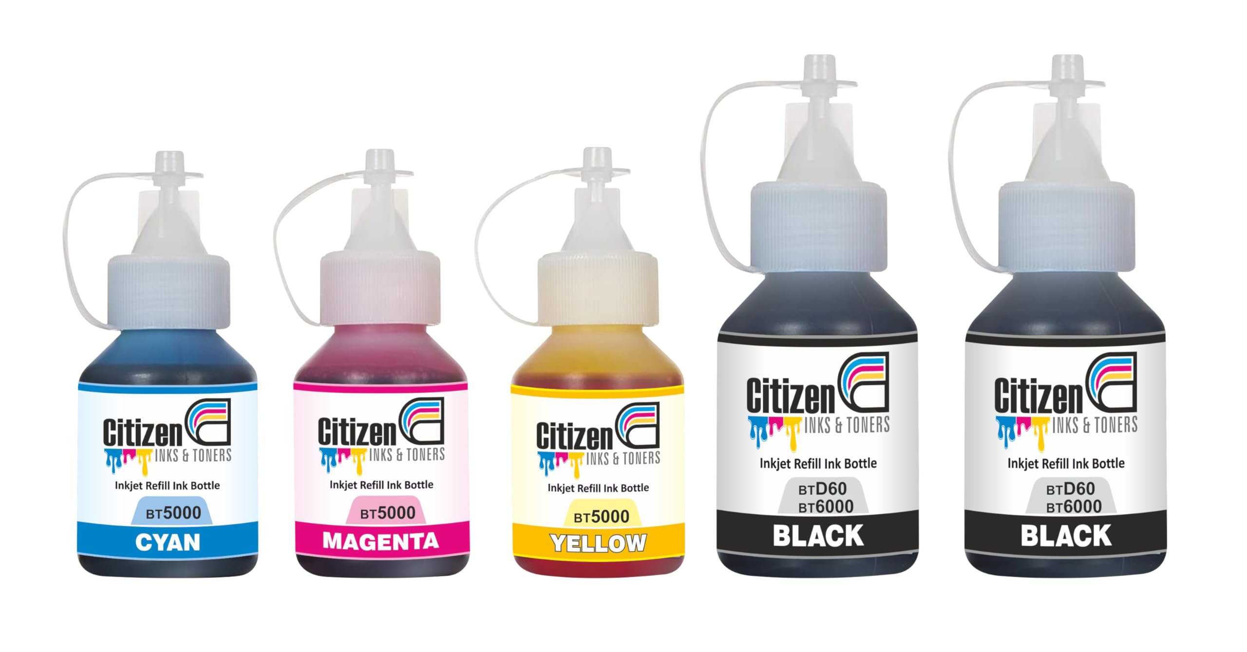 bt6000 / bt5000 refill ink bottle | compatible with brother printers - dcp-t220, dcp-t226, dcp-t420w, dcp-t426w, dcp-t520w, dcp-t525w | high print quality | leak-proof (5 color set : 2b/c/y/m)