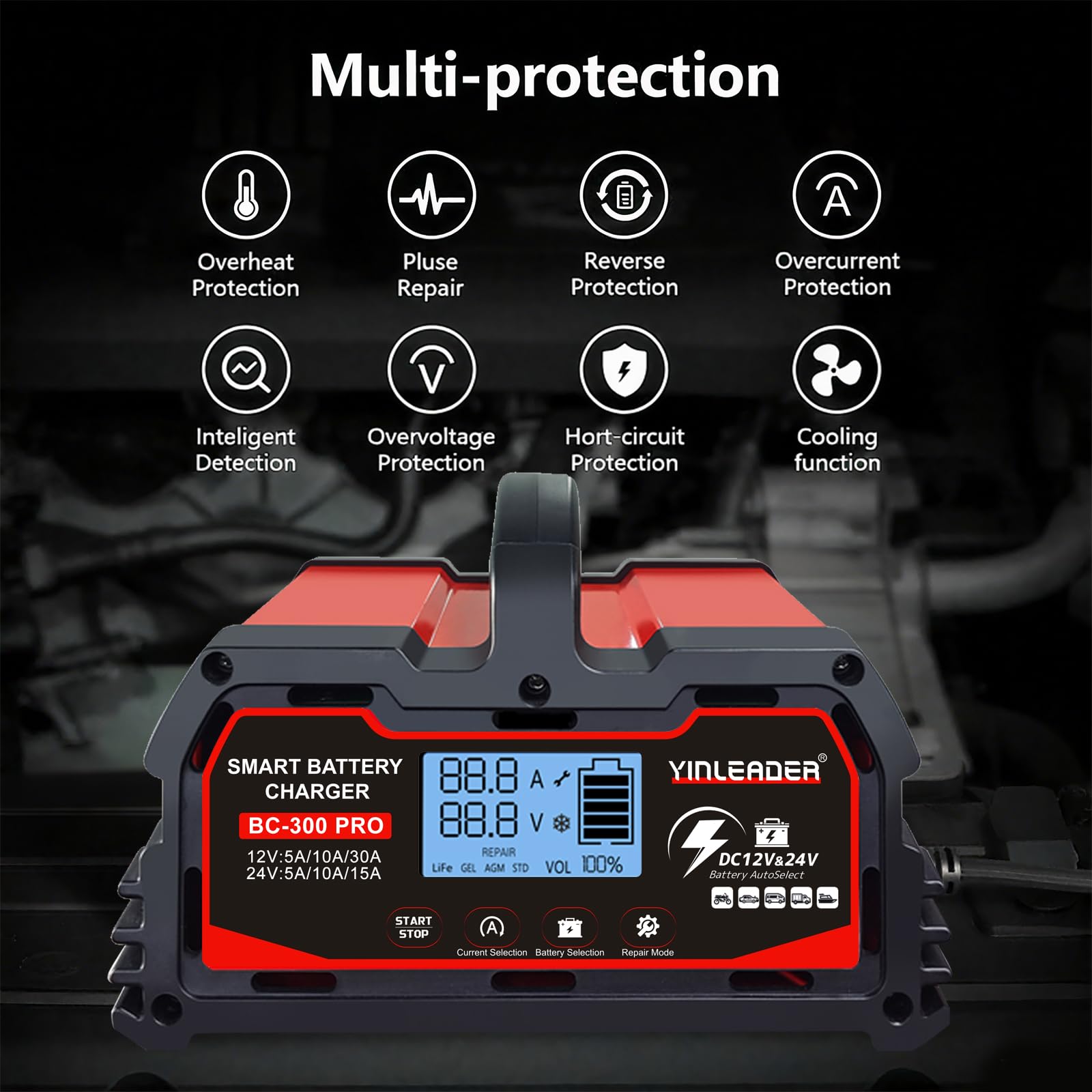 Yinleader Chargeur de Batterie Intelligent 30A 12V /24V 15A, Chargeur de Voiture LCD, mainteneur de Batterie pour AGM, Moto, 12V LiFePO4