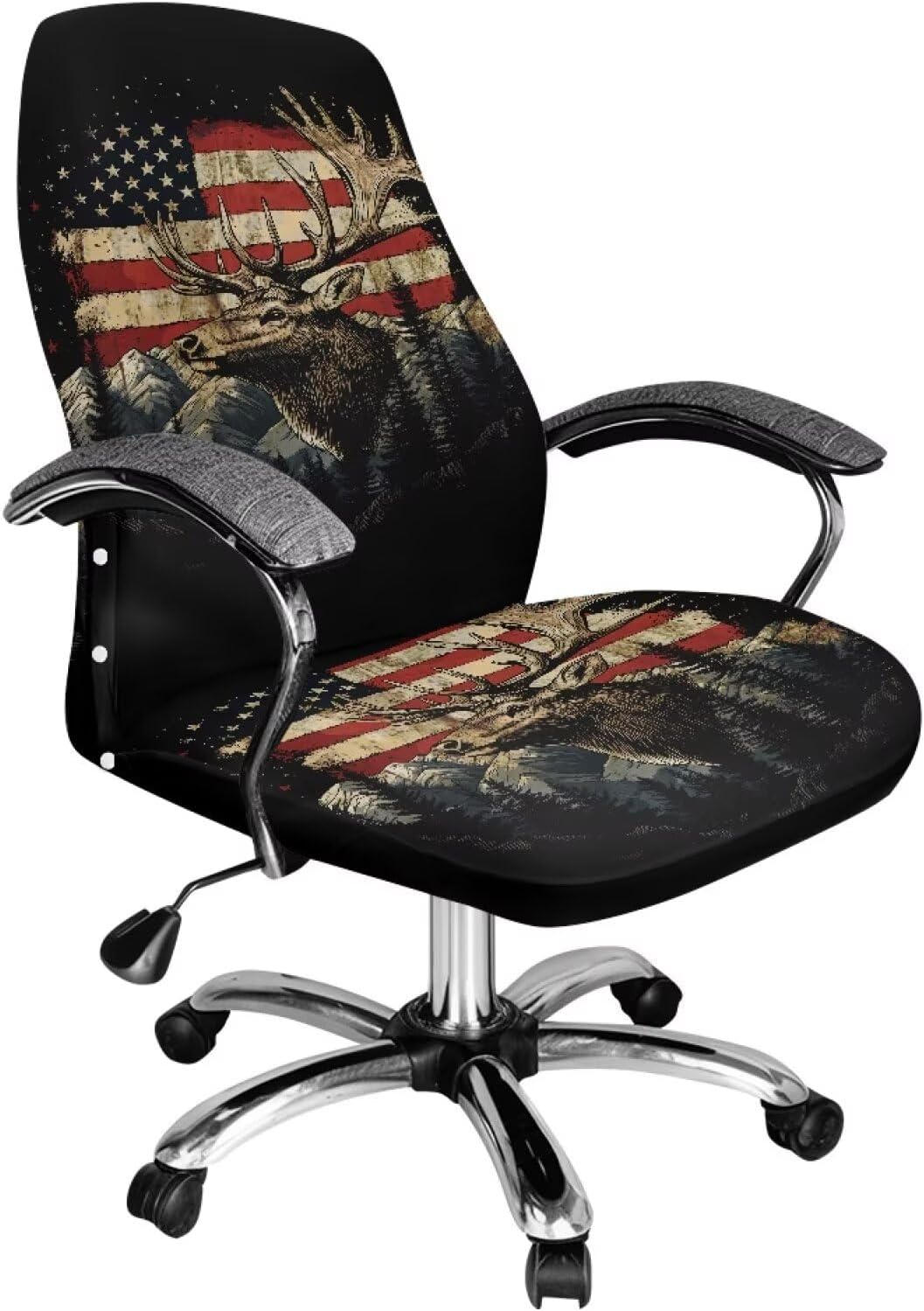 Wanyint Deer American Flag Retro Office Chair Cover Universal Stretch Desk Chair Cover with Elastic Bottom Removable for Armrest Chairs Home Office Decor, L