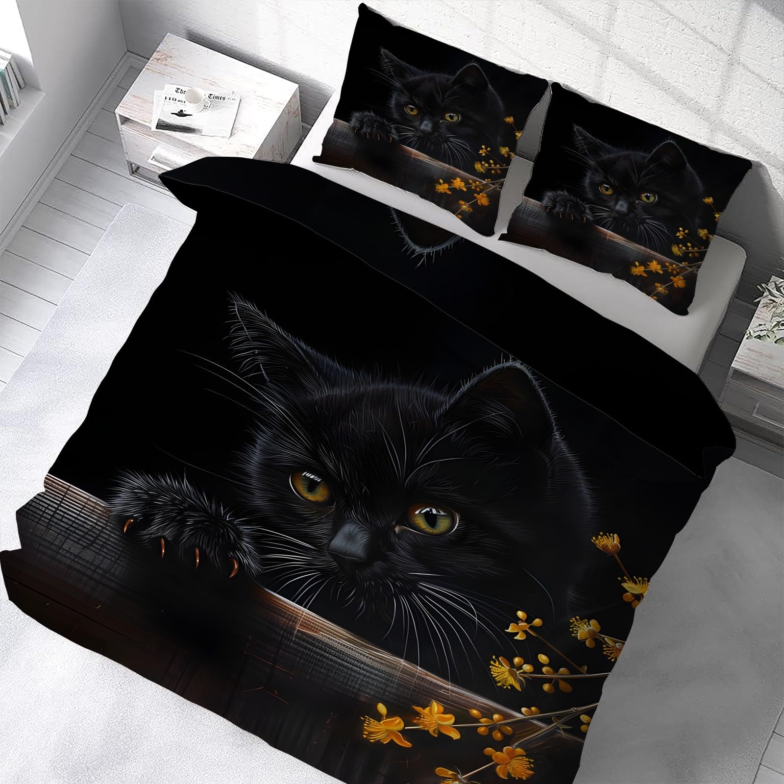 Housse de couette respirante 200x200 confort absolu et taies d'oreiller 65x65 chat noir