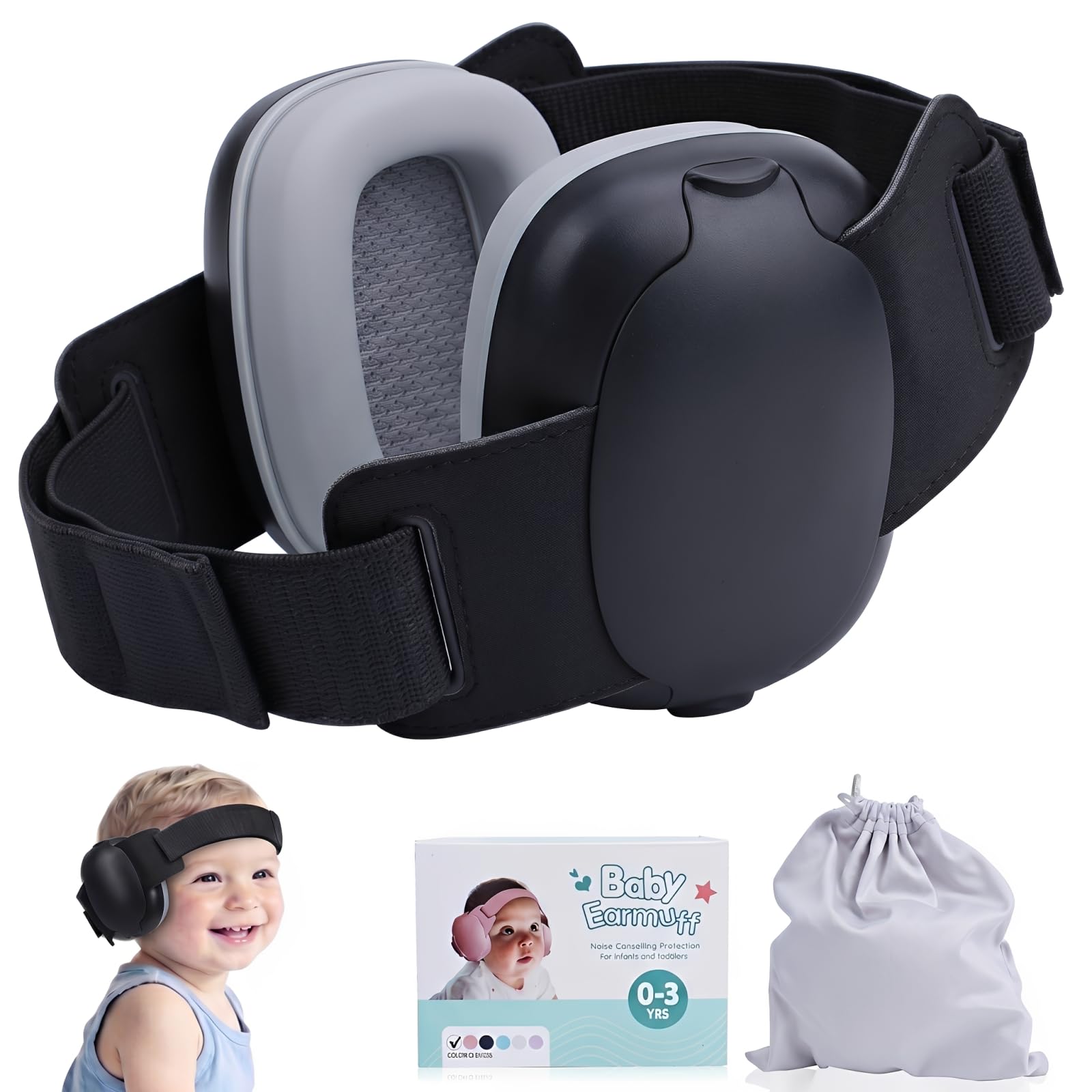 Baby Ear Defenders for 0-36 Months Toddlers, 25dB Noise Reduction, CE & UKCA Certified, Safe Fit Adjustable Headband with Soft Cushion, Ear Protection for Sleep Travel Airplane Fireworks (Black)
