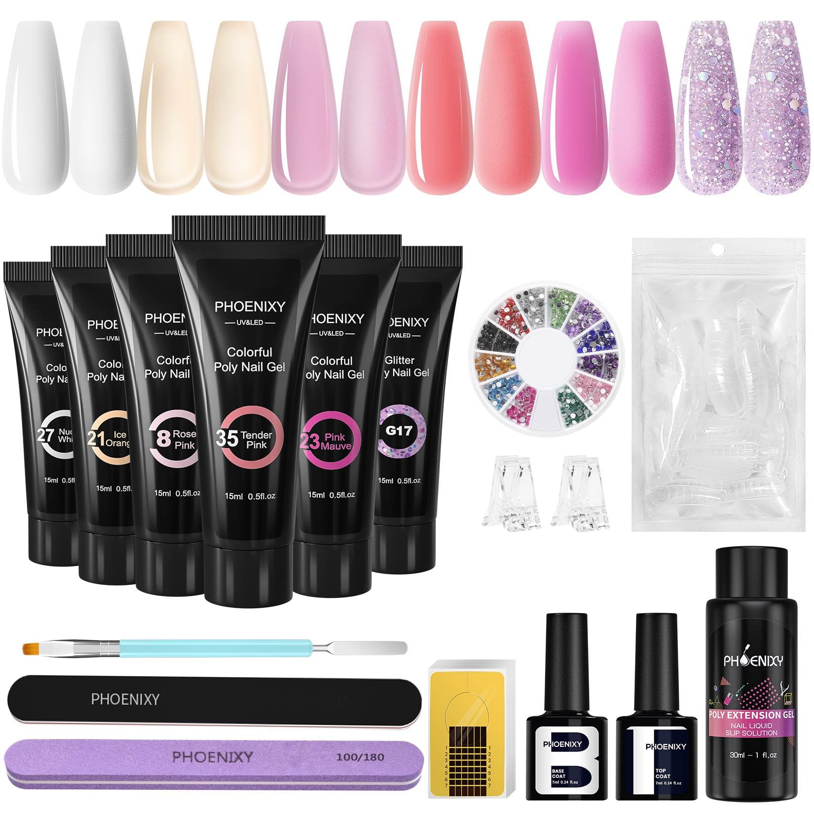 Phoenixy Kit Unghie Gel Completo 6 Colori 15 ML Gel Ricostruzione Unghie Rosa Viola Base Coat e Top Coat Kit Ricostruzione Unghie Principiante Arti delle Unghie Fai Da Te Lime per Unghie