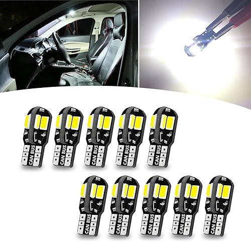 Tesnaao Kit de 10 bombillas LED T10 W5W para interior de automóvil, 5730-8SMD 360 grados 600LM de alto brillo, luces indicadoras de ancho de cúpula