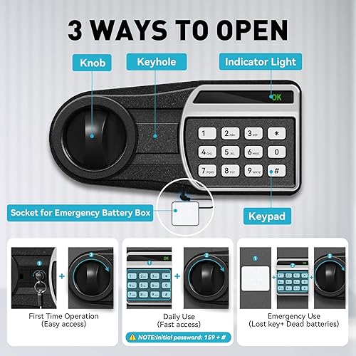 Miniatura 8 de Caja fuerte de 2.5 pies cúbicos, caja fuerte para el hogar con bolsa impermeable ignífuga, caja de seguridad antirrobo con teclado digital, sistema