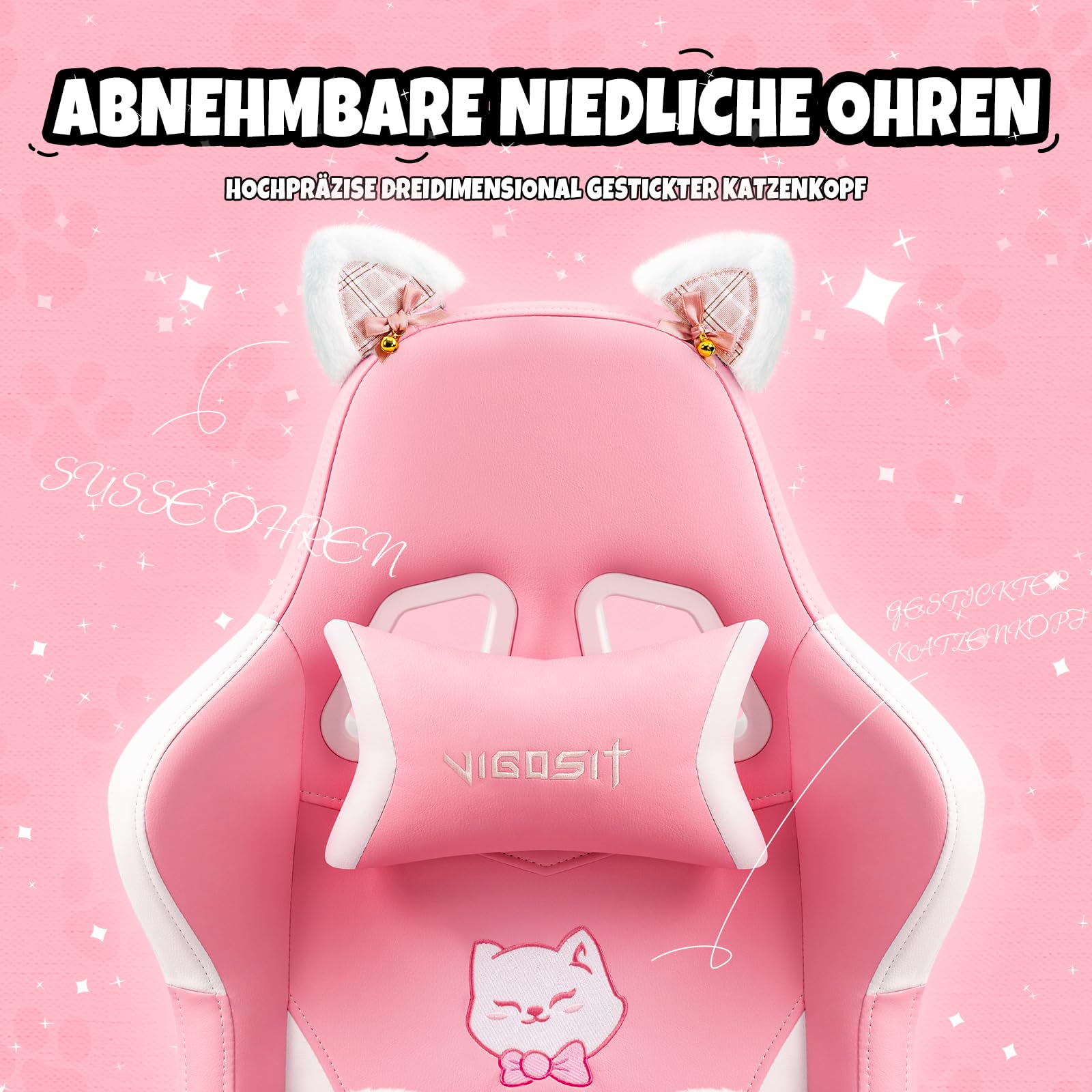Vigosit Chaise de jeu PC mignonne, ergonomique, avec coussin lombaire et oreilles de chat, repose-pieds réglable, pour filles, adolescentes, enfants, rose