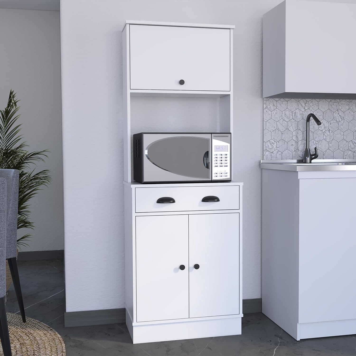 Kitchen Pantry with Drawer and 2 Cabinets,White/Multicolor,for The Kitchen