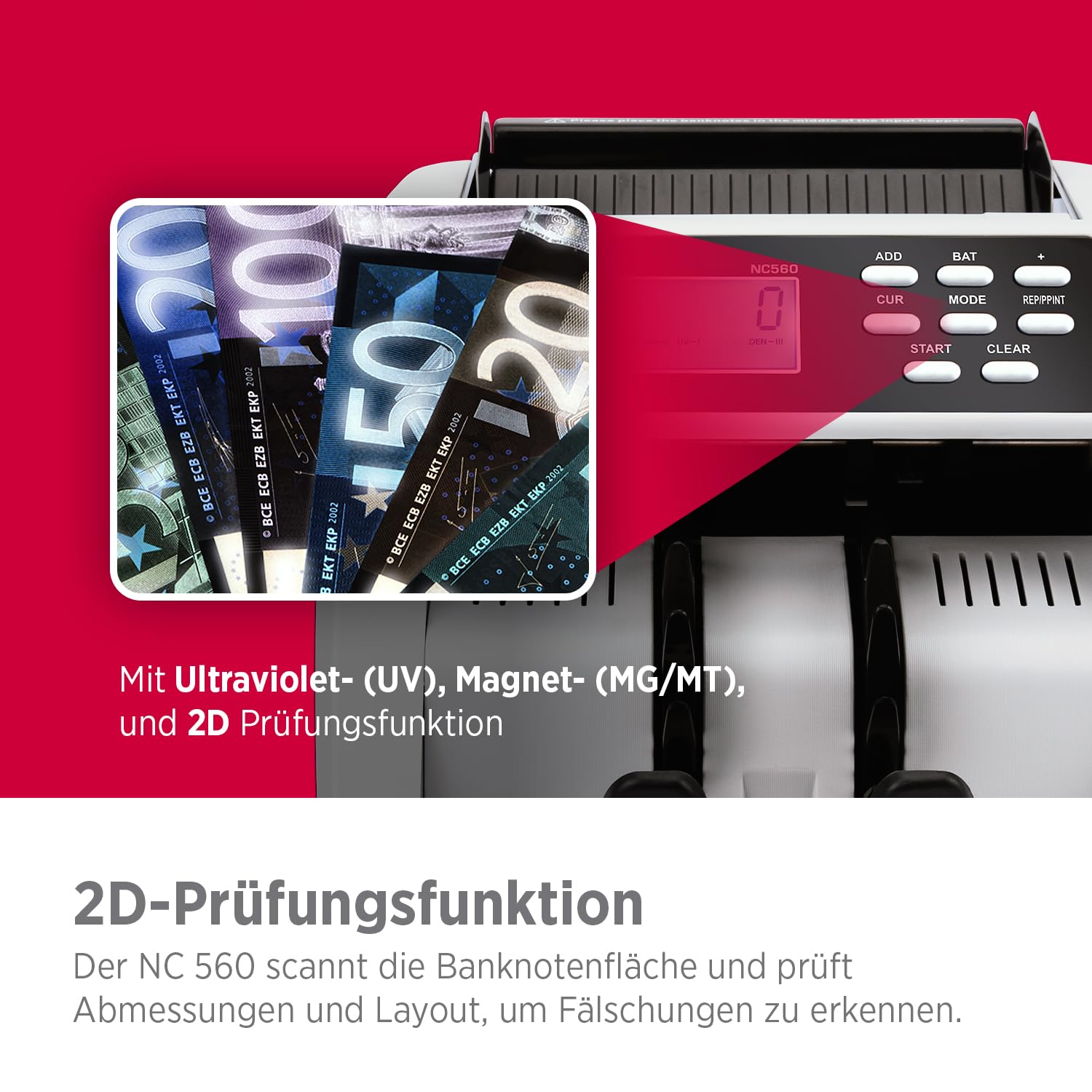 Olympia NC 560 Geldzählmaschine für Scheine | Gemischtwertzähler für unsortierte Banknoten | Banknotenzähler mit Falschgeld Prüfer | LCD Display | Geldscheinprüfgerät | 1000 Noten/Min | Geldzähler