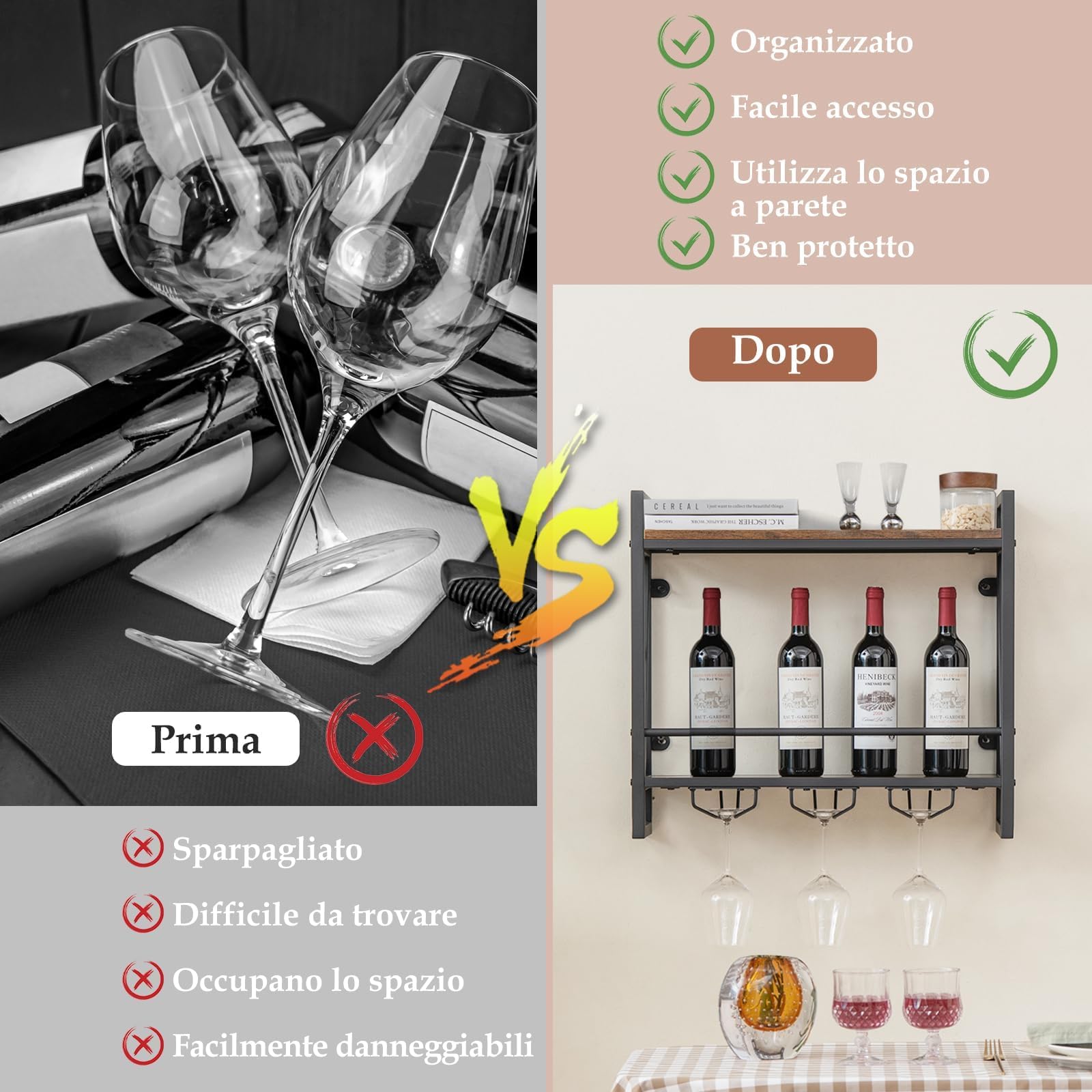 GYMAX Portabottiglie di Vino da Parete, Scaffale da Parete con Portabicchieri, Mensola a Soffitto con Telaio in Metallo, Portavino Cantinetta Vino per Cucina Bar Ristorante (Stile 2)