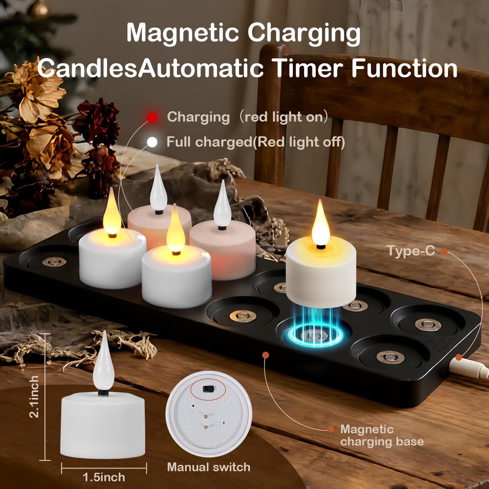 yunsheng Magnetische wiederaufladbare Teelichter mit Ladestation und Fernbedienung Timer, 12Stk Batteriebetriebene Aufladbar Flammenlose LED Kerzen Flackern für Haus Kerzenhalter Dekoration