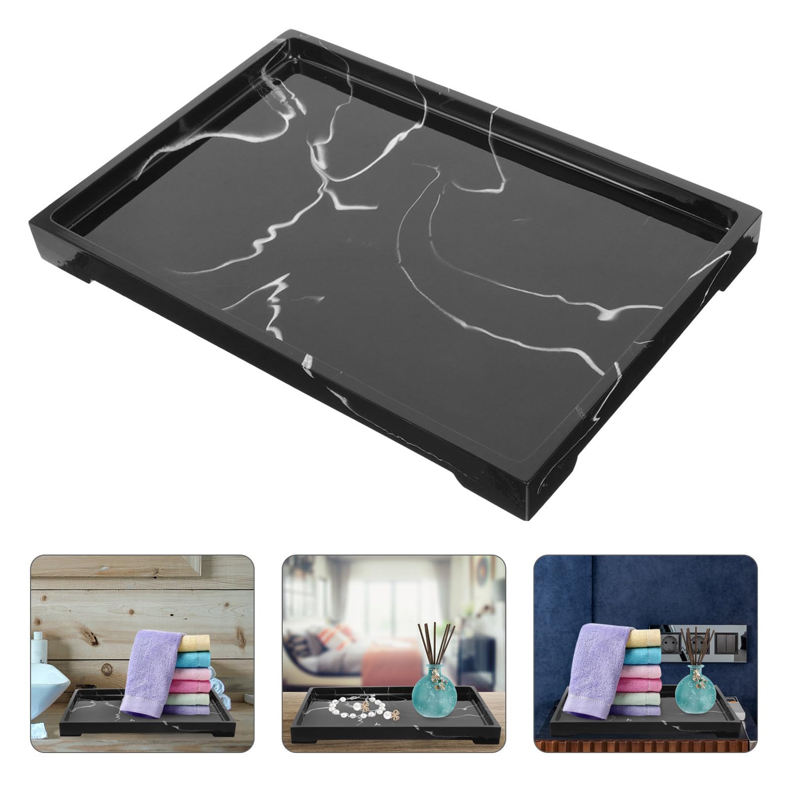 Bandeja de Baño de Resina Jaspeada Negra, Decorativa para Mesa