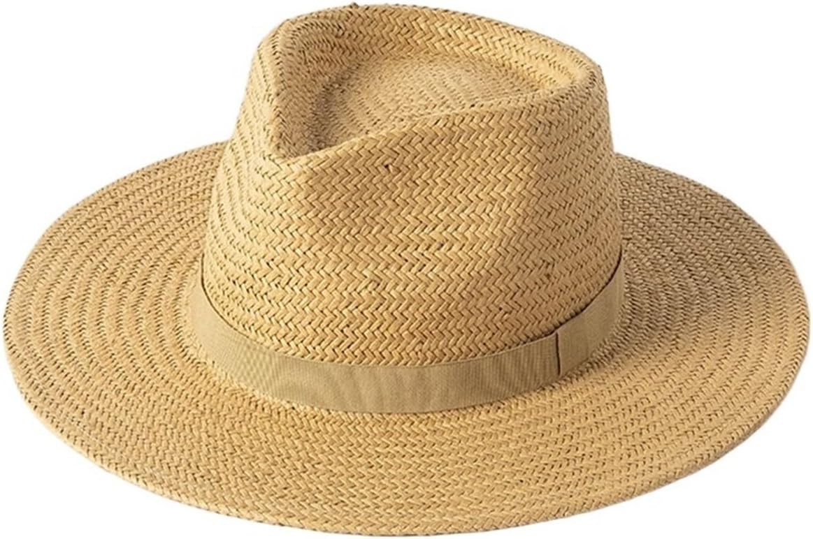 Women’s Paper Straw Fedora Hat with Ribbon, Summer Wide Brim Sun Hat for Beach Travel Outdoor UV Protection(Camel)
