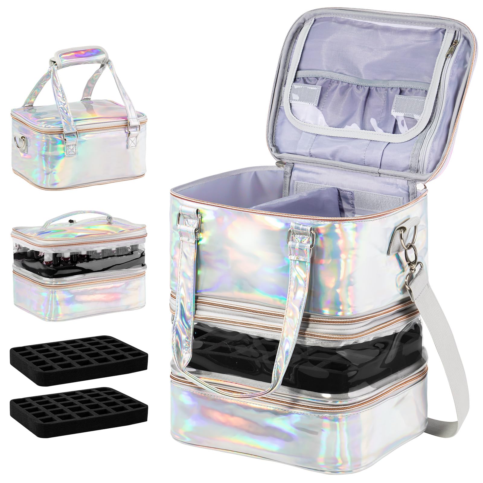 Custodia organizer per smalti, a 3 strati, rimovibile, può contenere 60 flaconi e lampada per unghie, con tracolla, portatile, olografica, in pelle PU, kit per strumenti per manicure (argento)