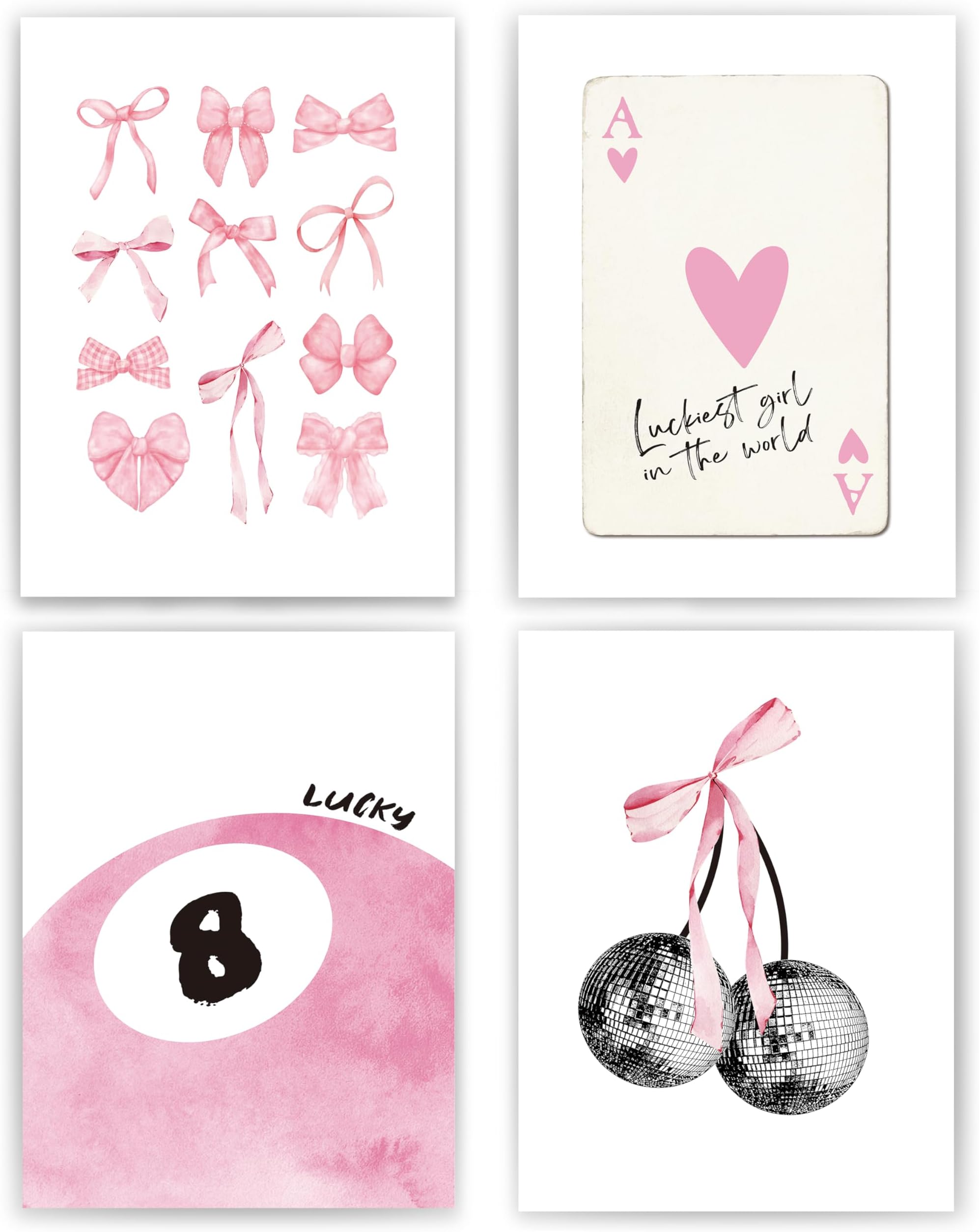 okaxscm Pink Coquette Trendy Preppy Wall Art Prints Set of 4, Coquette Room Decor, Preppy Room Decor Aesthetic, Pink Bow Disco 8 Ball Cherry Wall Decor Posters for Girls Bedroom Dorm, 12x16 Unframed