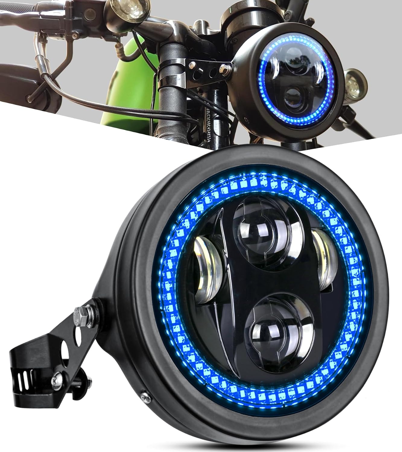 5-3/4 5.75" Motorcycle Headlight with Housing Bucket Smoke Halo Blue DRL
