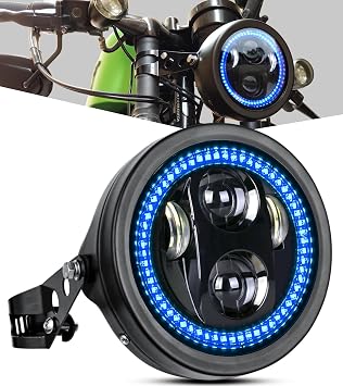 5-3/4 5.75" Motorcycle Headlight with Housing Bucket Smoke Halo Blue DRL