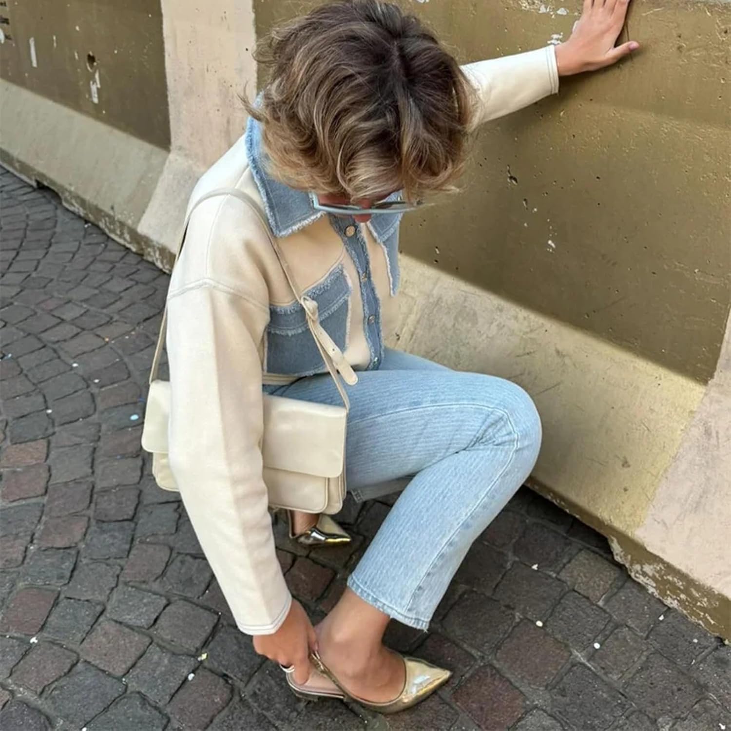 Dawery Y2K Women Denim Patchwork Jacket Coat Lapel Long Sleeves Jeans with Packets Spring Casual Lady Denim Coats Outwear Top