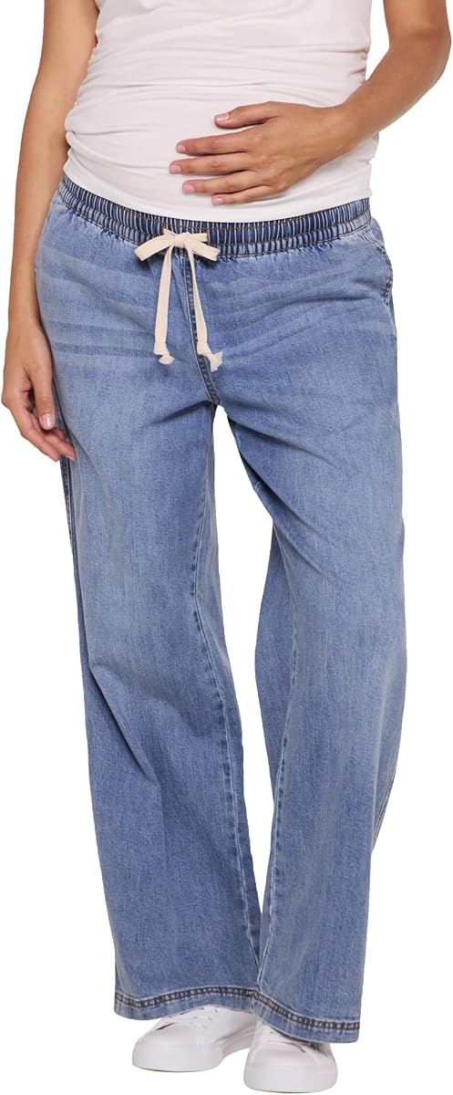 Motherhood Maternidad Pantalones de Embarazo de Mezclilla Ligeros con Pierna Ancha y Relajados bajo el Vientre para Mujer