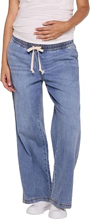 Motherhood Maternity Women's Under the Belly Tie Waist Relaxed Wide Leg Lightweight Denim Pregnancy Pants