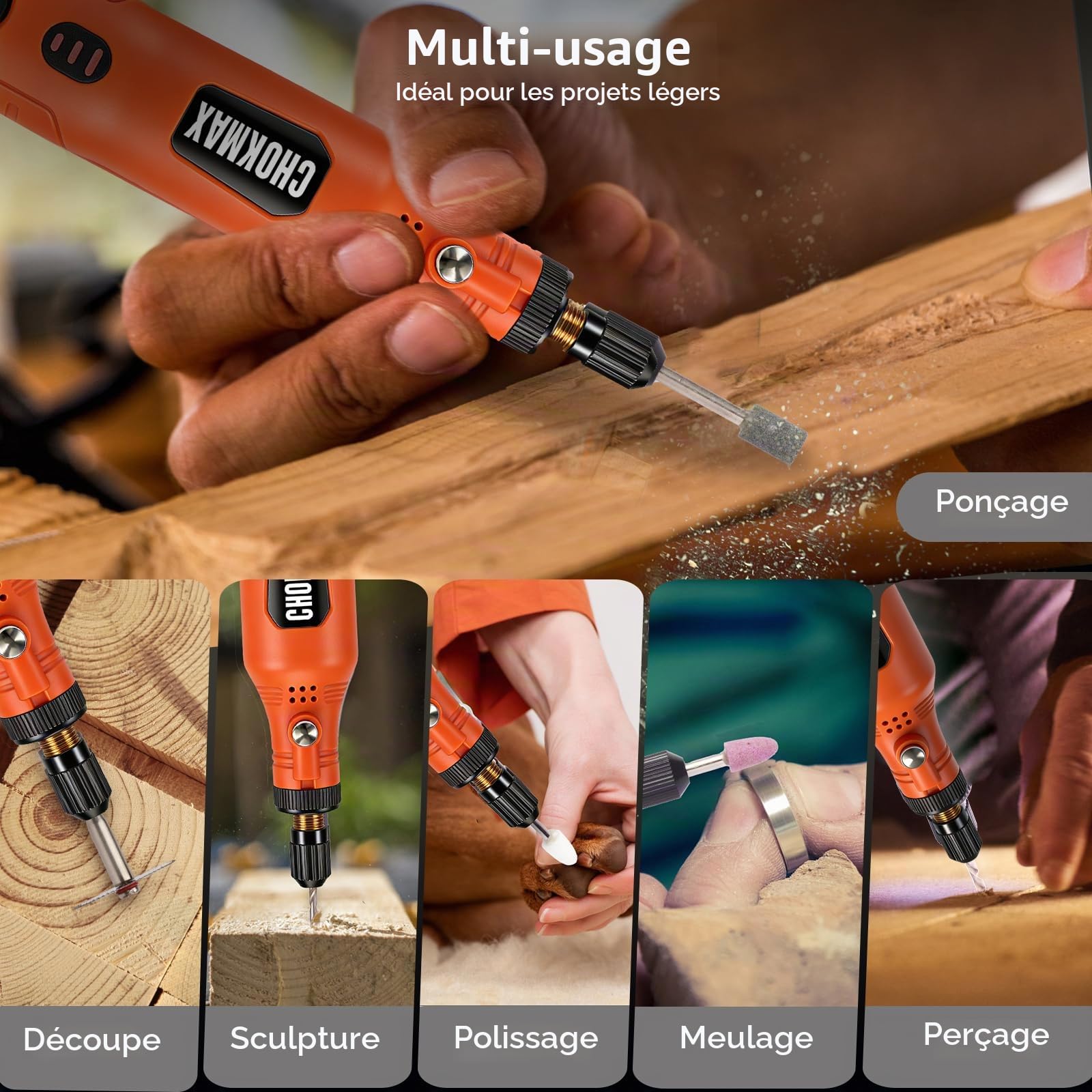 Outil rotatif sans fil, kit de meuleuse à 3 vitesses avec éclairage avant et 72 accessoires, outil de type C rechargeable pour le nettoyage, le ponçage, le polissage, le perçage et les petits travaux