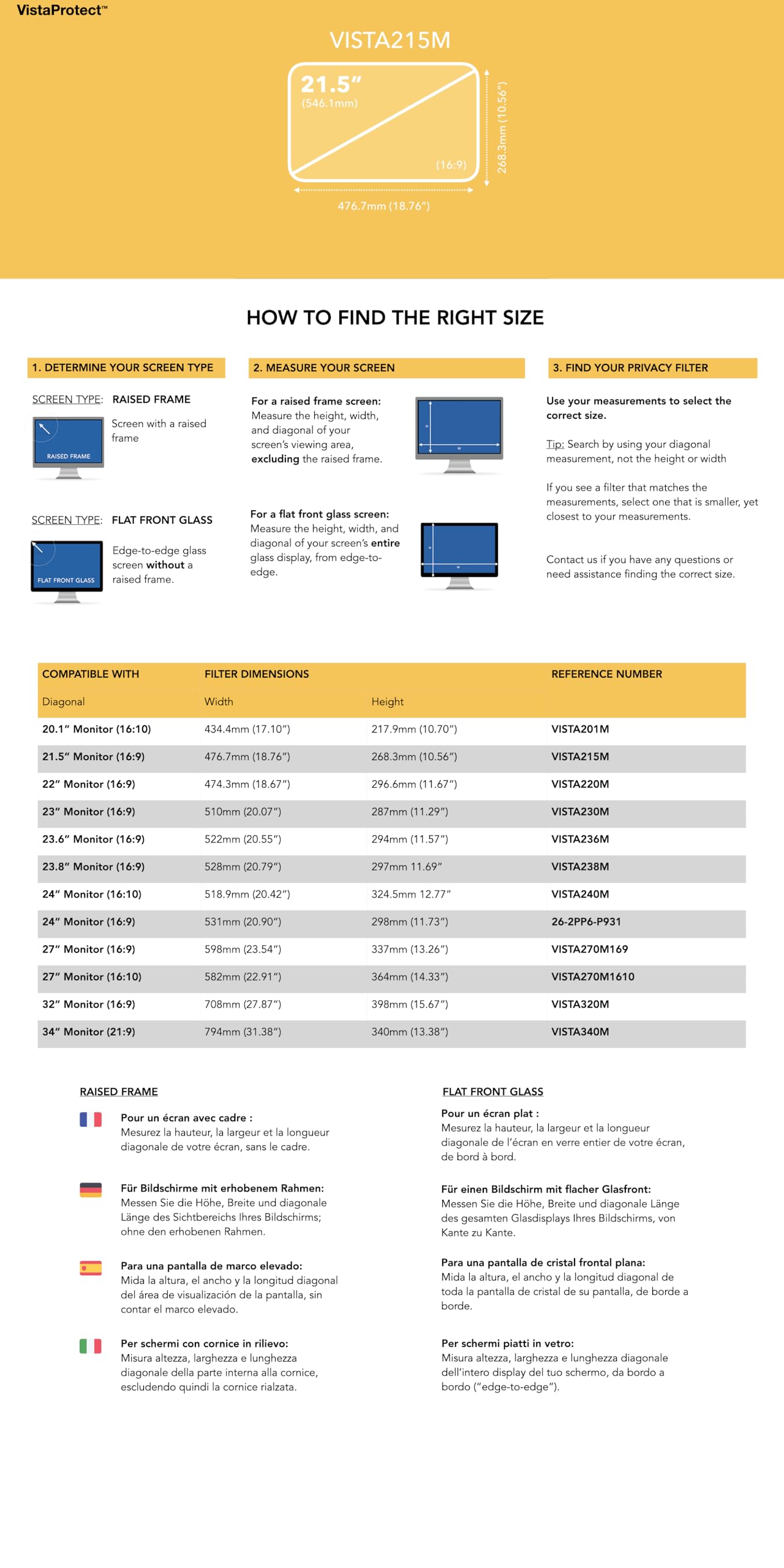 VistaProtect Filtre de Confidentialité Anti-Lumière Bleu 2-en-1 pour Écran Ordinateur Moniteur 21.5 Pouces