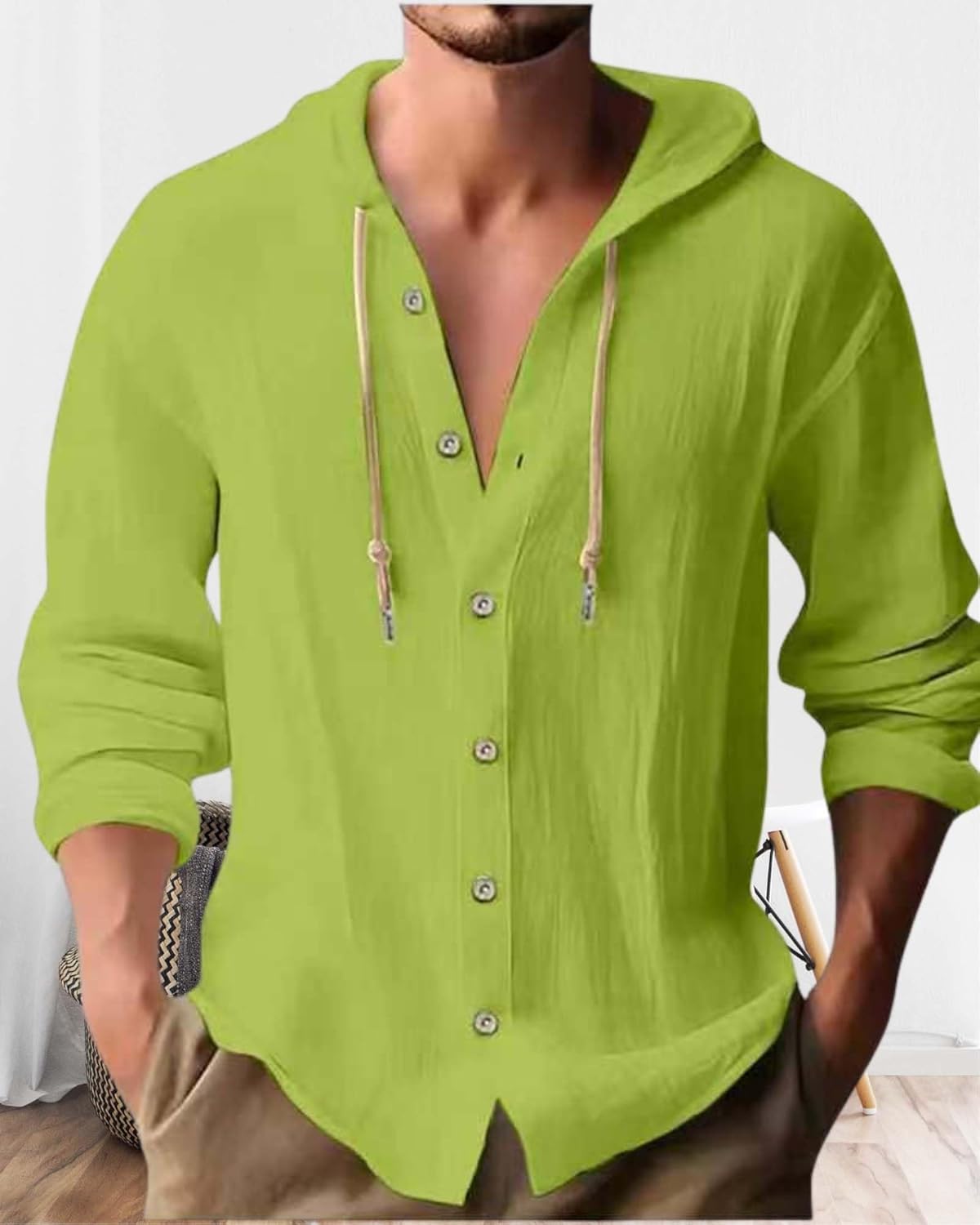 Cotton Linen Hoodie for Men Summer Casual Long Sleeve Button Down Hawaiian Beach Shirt Tops with Hood - Image 2