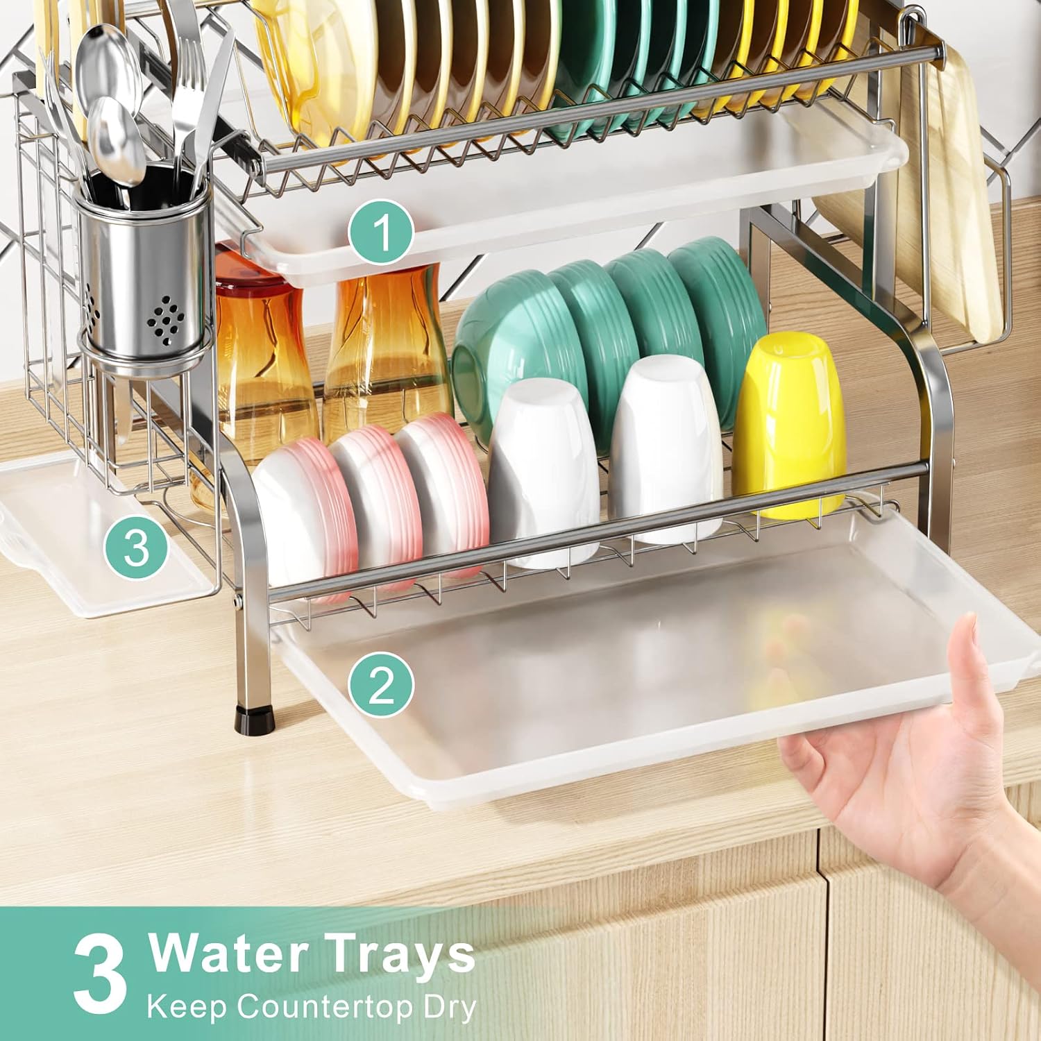 Cambond Dish Drying Rack, 304 Stainless Steel 2 Tier Dish Rack with Drain Board, Utensil Holder, Cutting Board Holder, Non-Rust Dish Drainers for Kitchen Counter, Silver