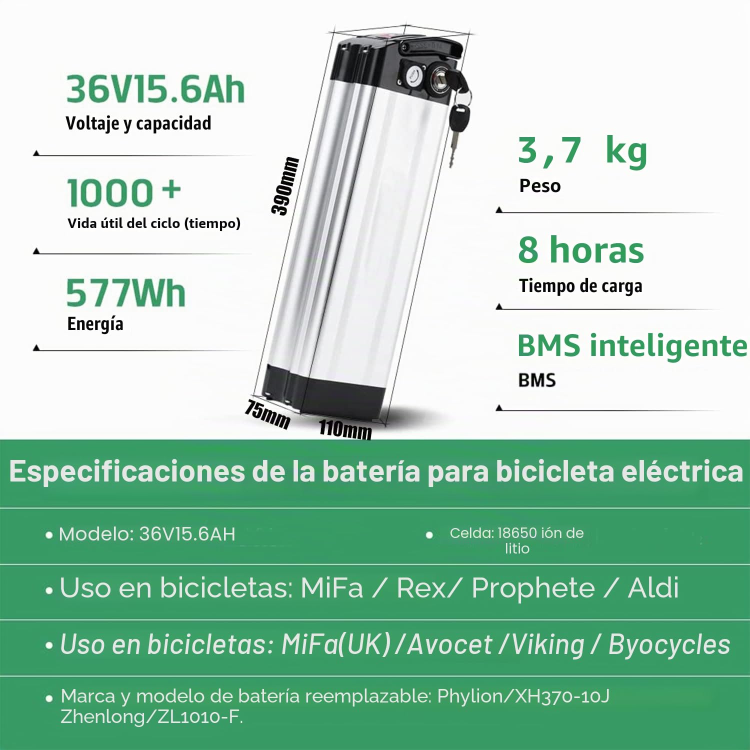 ZHIKAN Silver Fish 36V 15.6Ah Batería Bicicleta Eléctrica Pedelec Batería para 36V 350W / 500W / 800W con USB,Cargador,para XH370-10J Aldi Prophete MiFa Zhenlong Phylion