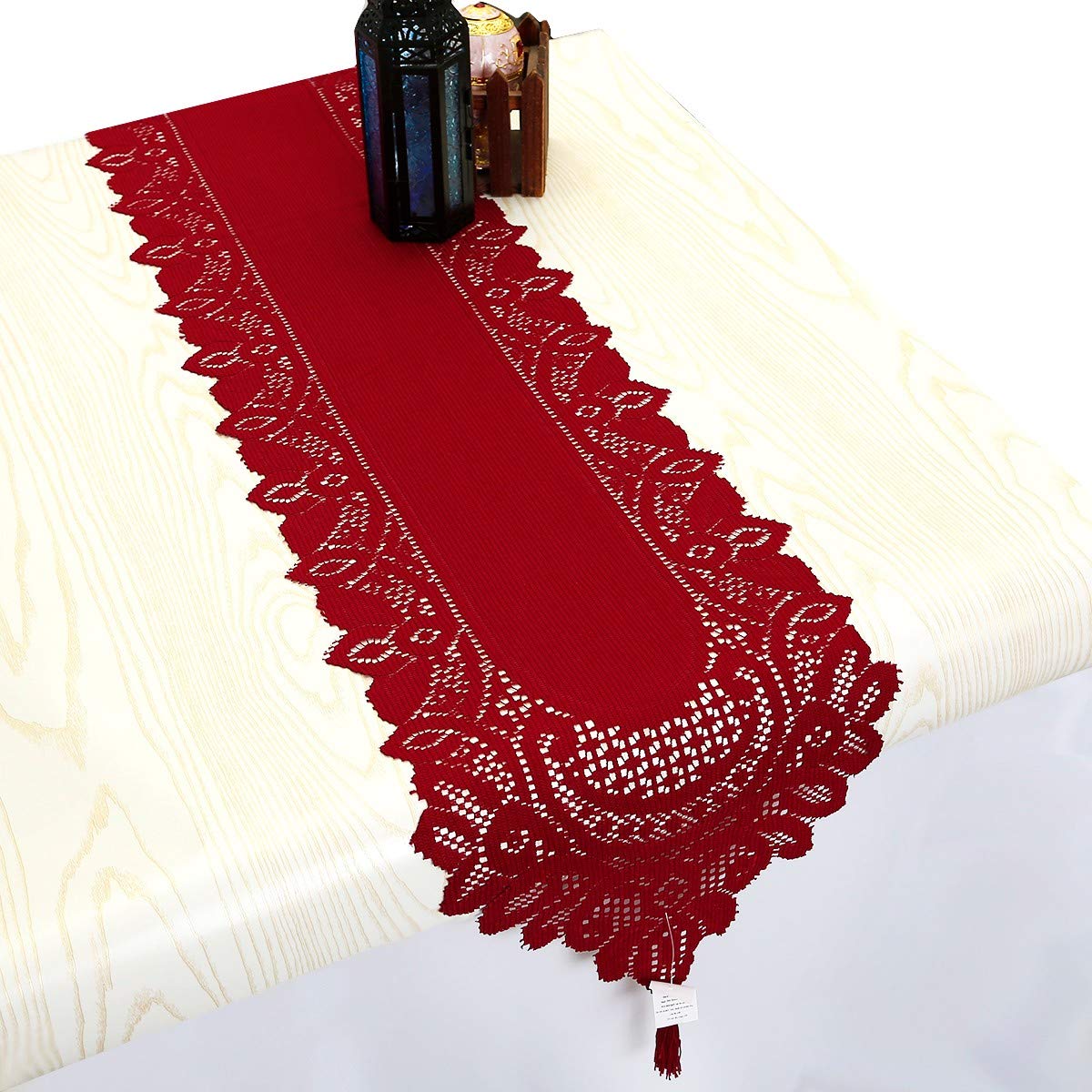 Chemin de table en dentelle rouge lavable polyester 13x70 pouces