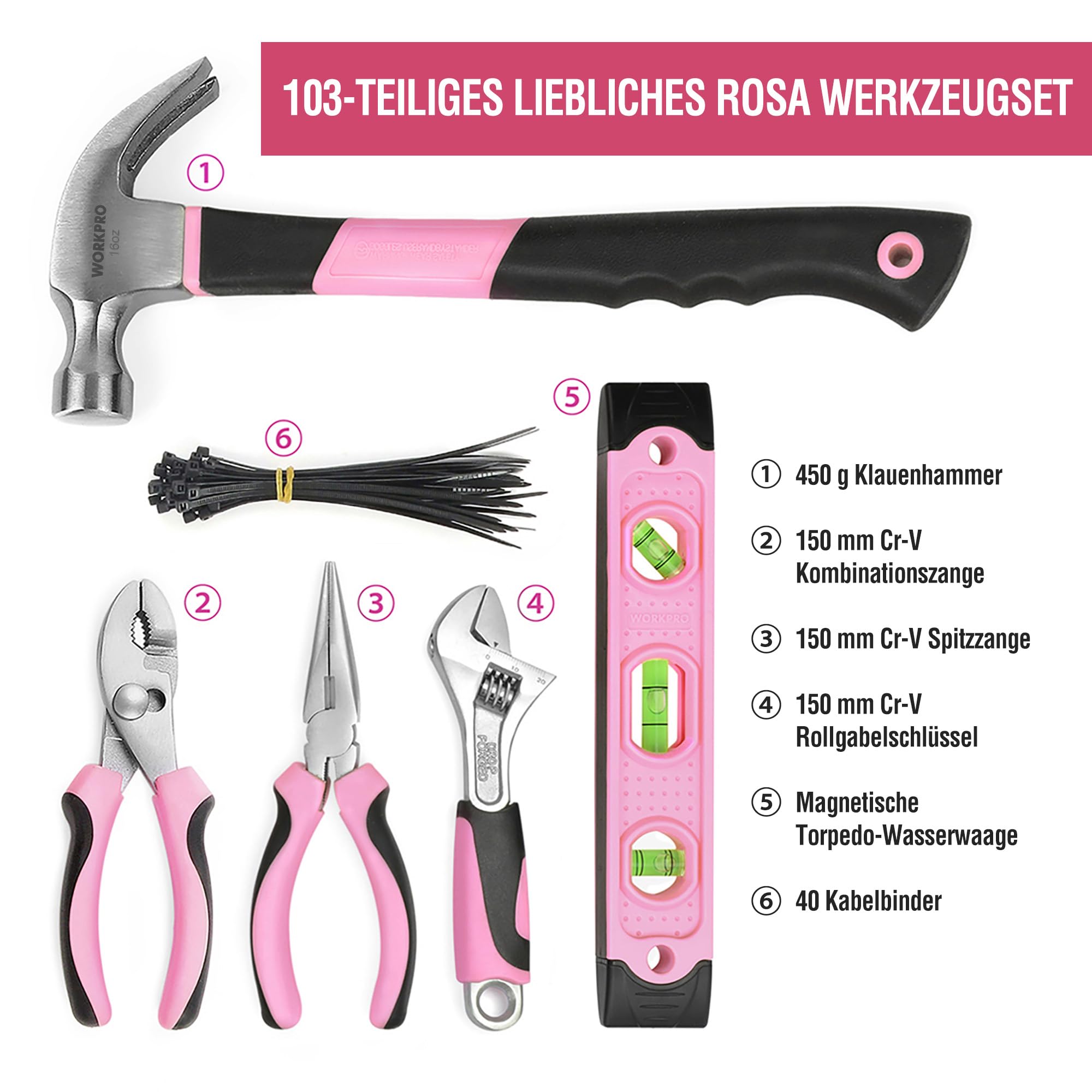 WORKPRO Pink Werkzeug Set Rosa 103 teilig Haushalts-Werkzeugsatz Reparatur mit Tasche, Ideal Geschenk für DIY Handwerker