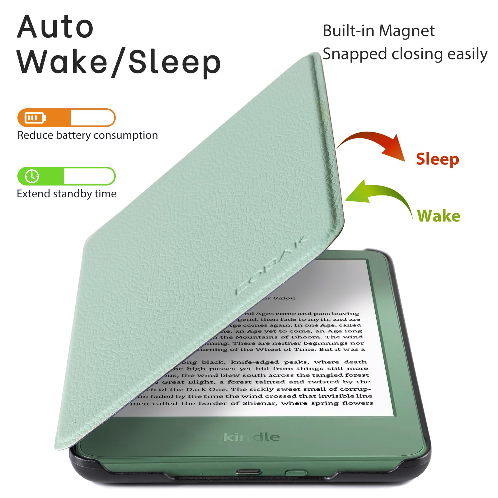 CoBak Case for 6" Kindle 11th Generation 2024/2022 & International Version, Premium PU Leather Smart Cover with Auto Sleep/Wake for 6" E-Reader, Matcha Green — view 4