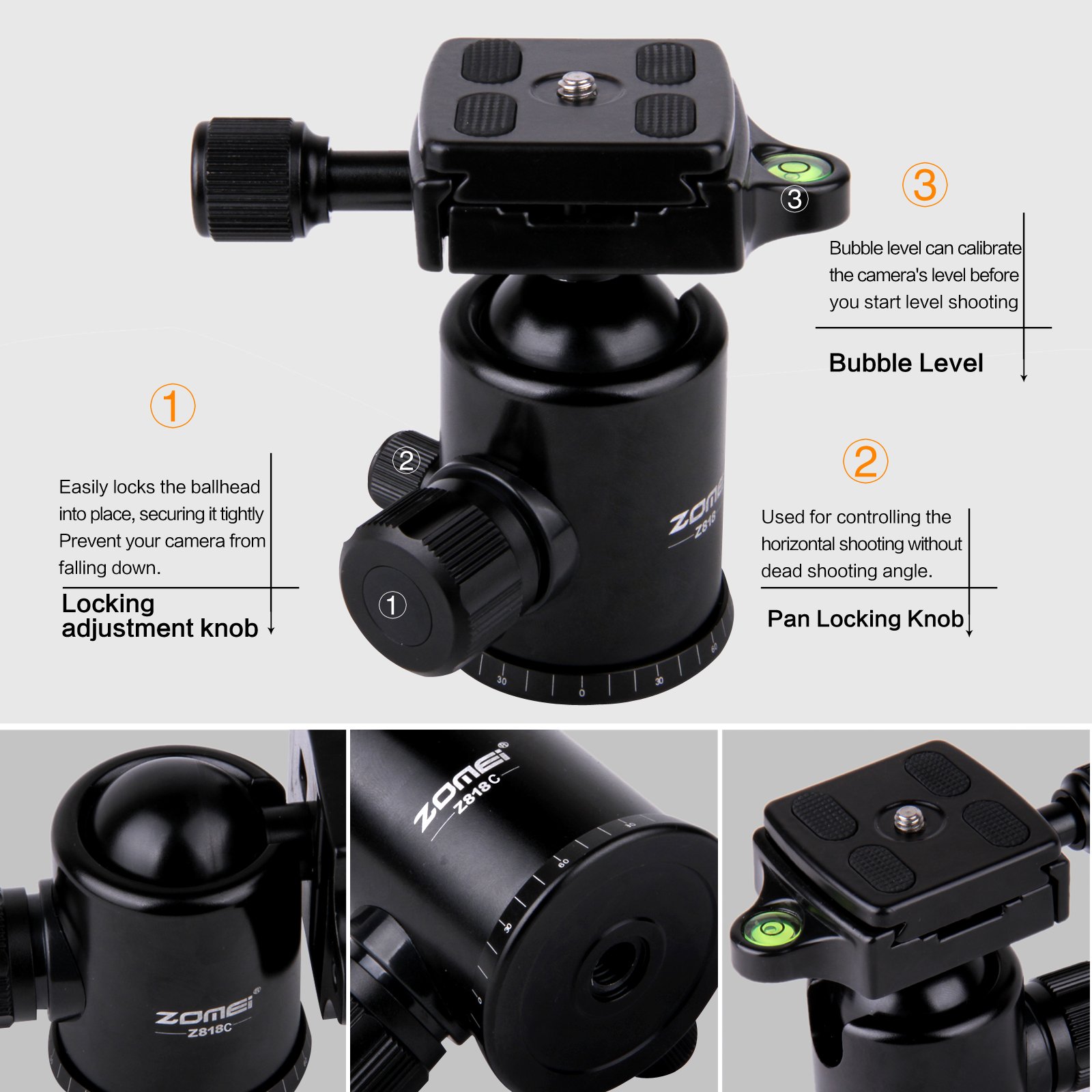 ZOMEI Z818C Support pour Appareil Photo numérique et caméscope pour trépied avec Support en rotule et rotule