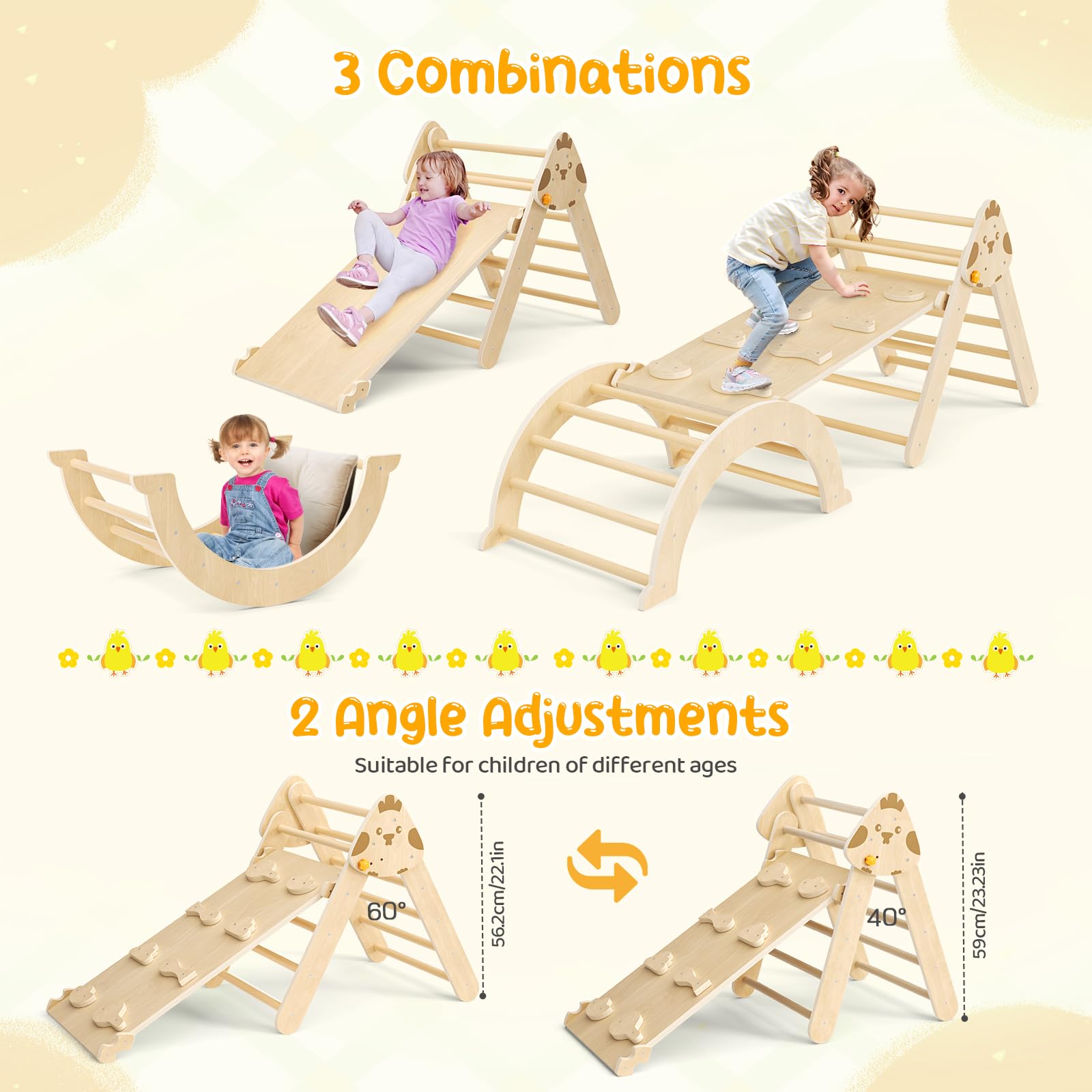 7-in-1 Montessori Klettergerüst Set Indoor Spielset mit Bogen, Rampe und Kletterdreieck, Holz-Dreieckset für Baby-Innenspielplatz für Kinder, Spielplatz-Klettertoys für Kleinkinder (Holzfarbe)