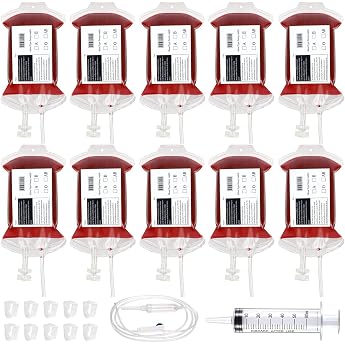 Pack of 10 Blood Bags for Drinks Halloween Party Reusable Blood Bag Drink Container with Infusion Hose Syringe Clips Blood Type Stickers for Halloween Zombie Party Adults