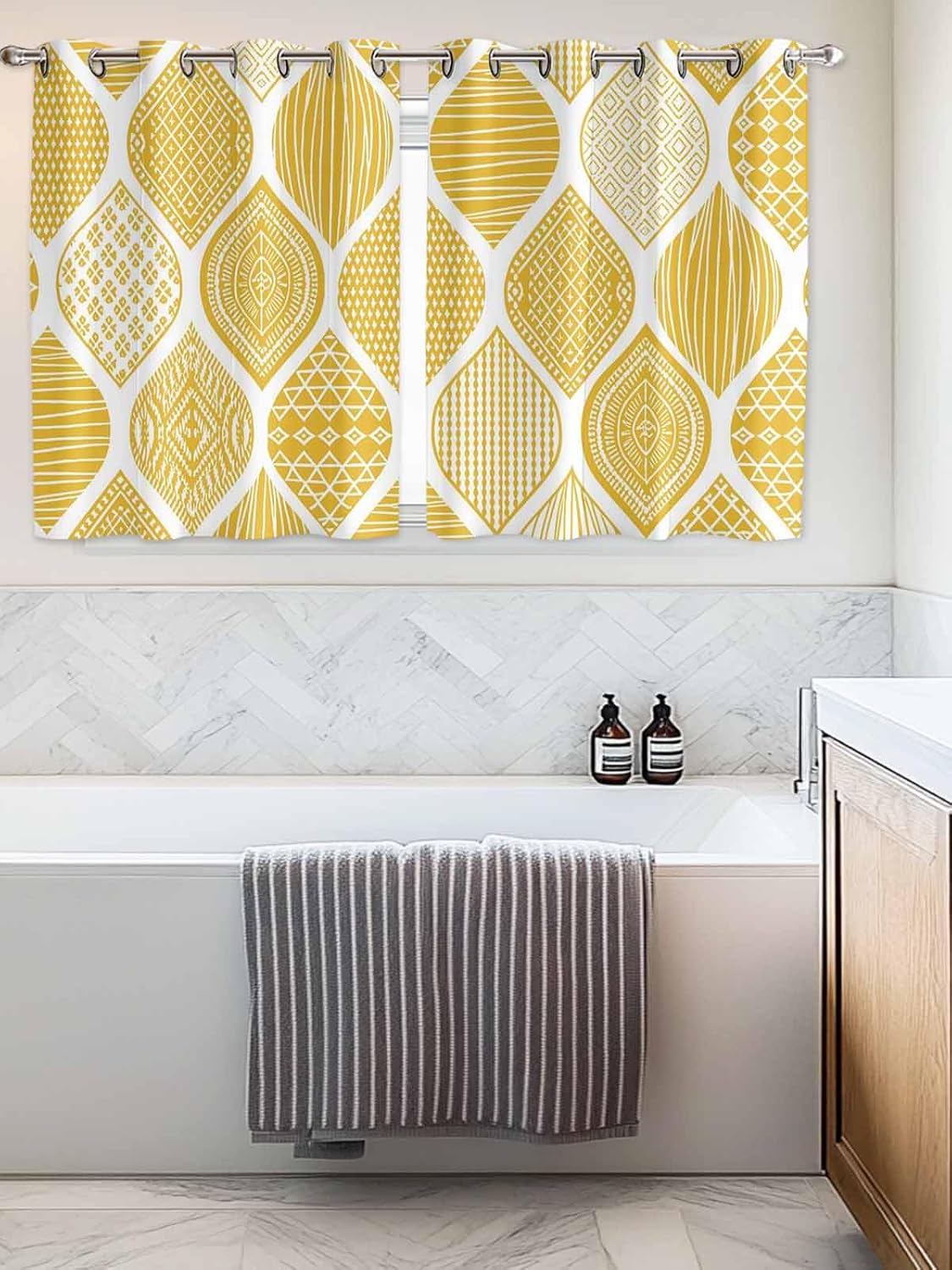 Grommet Top Window Curtains, Geometric Yellow Texture Durable Light Blocking Windows Drapes for Kitchen/Bedroom/Living Room, Window Treatments Curtain Set of 2 Panels 52x54 in