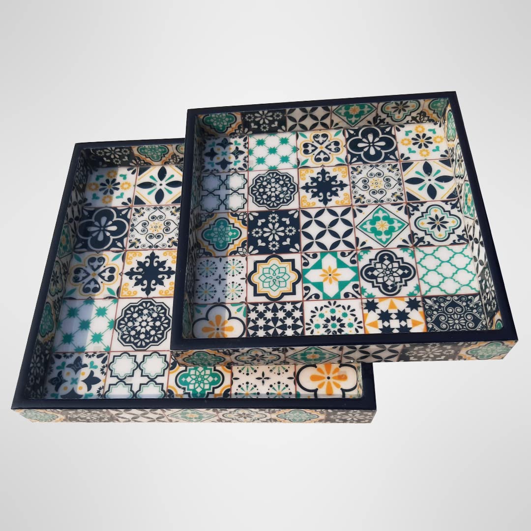 Neelkanth Wooden and Resin Square Handmade Handicraft Kitchen Multipurpose Serving Tray (White, Multicolor)- Set of 2 (B09L8LMZ16) Amazon Price History, Amazon Price Tracker