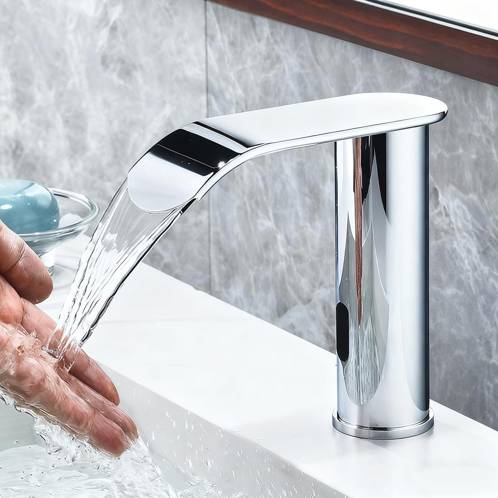 ZYCHSJXA Bathroom Waterfall Mixer Tap Touchless Sensor Battery Hot and Cold Water Infrared Faucet,Chrome