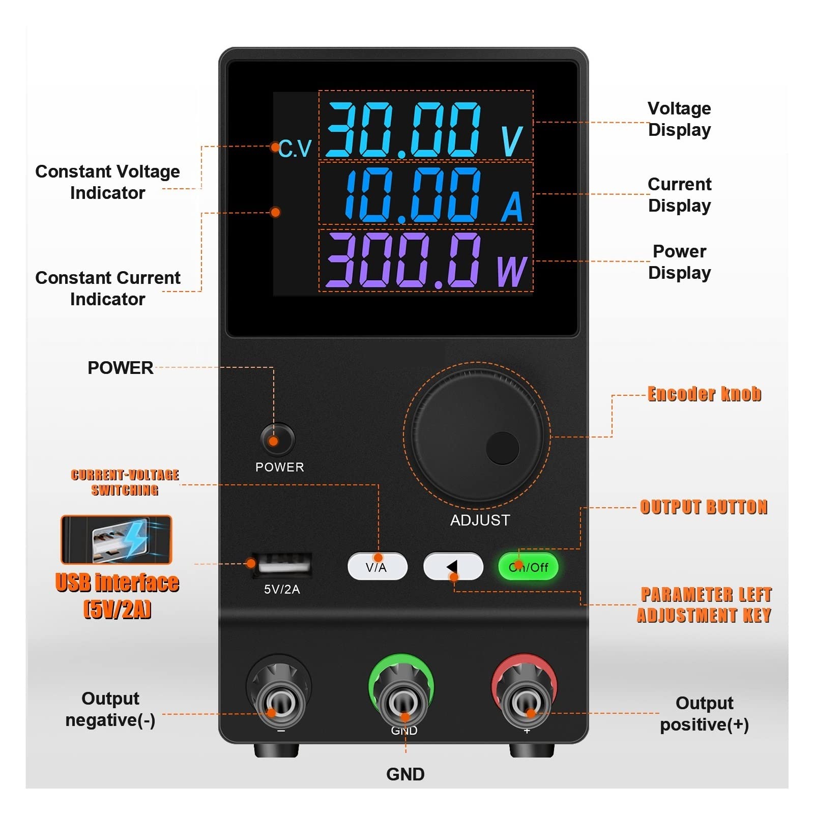 Alimentazione Elettrica Alimentatore CC da laboratorio Unità regolabile 30V 10A 5A 60V 3A Regolatore stabilizzatore di tensione Fonte alimentazione a commutazione USB(SPPS-A1203-Black)