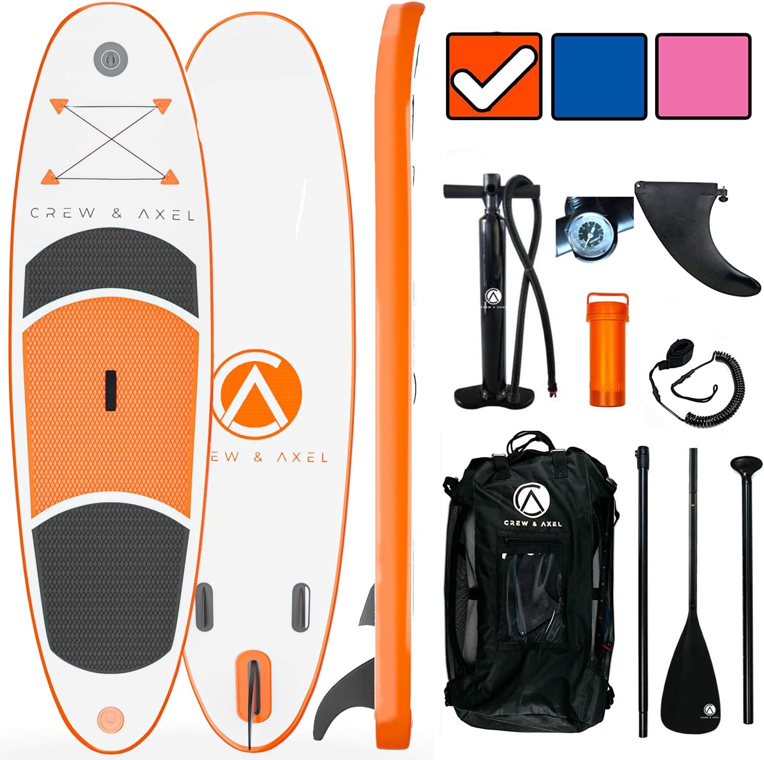 Crew Axel Inflatable Paddle Board 10’33’6” Extra Wide & Lightweight (18lb) Paddle Board – Premium SUP Set Includes 2 Bags, Floating Paddle, Camera Mount, 3 Fins, Dual Pump Kit