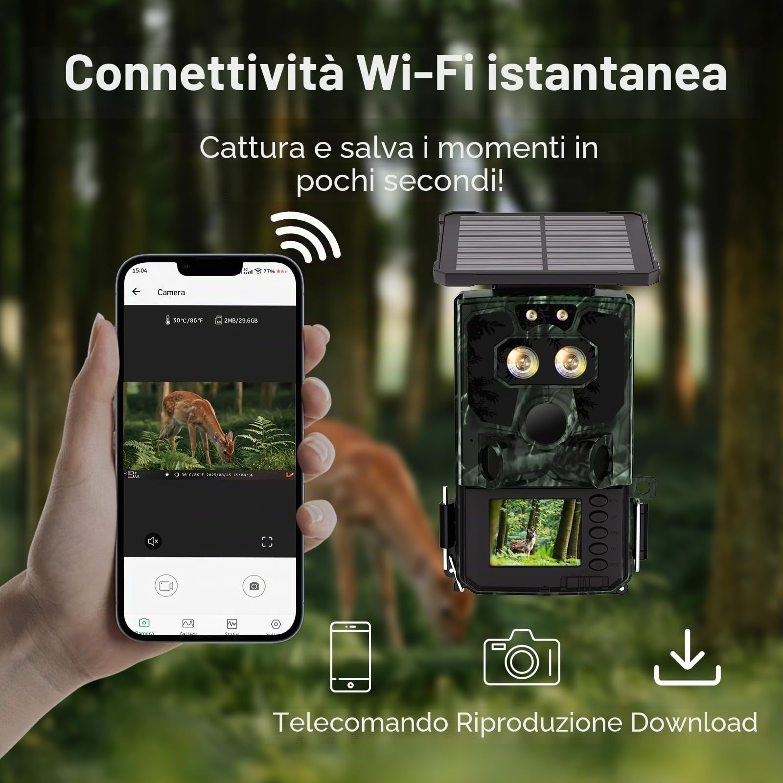 VOOPEAK Doppia lente solare per selvaggina Wi-Fi 4K 60MP, luce stellata, visione notturna, con trasmissione del cellulare, APP, telecamera per animali selvatici con visione notturna, sensore di