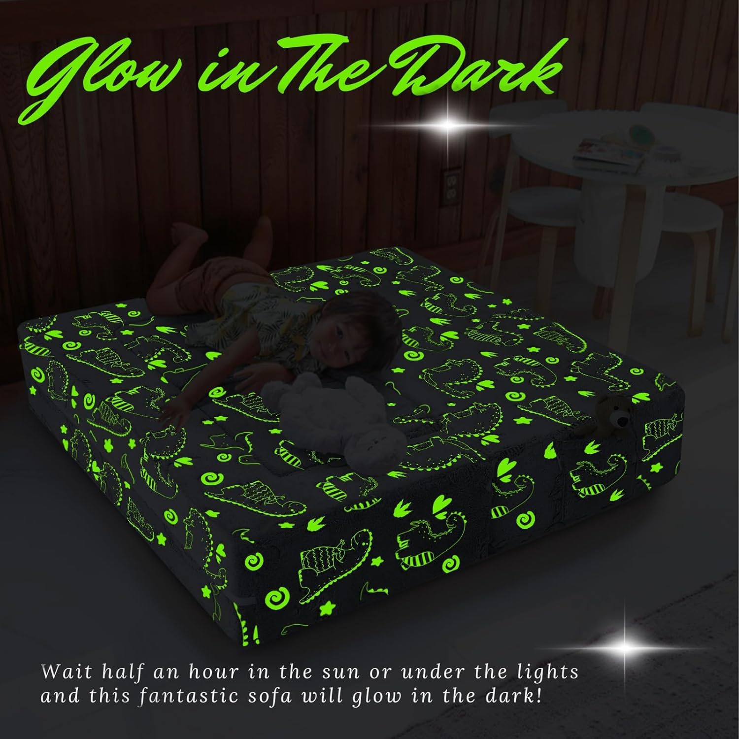 MeMoreCool Dinosaur Glow Foam Kids Play Couch Set, Gray Modular Sofa & Lounger – Glow-After-Light Dinosaur Pattern, Machine-Washable Cover - Image 5