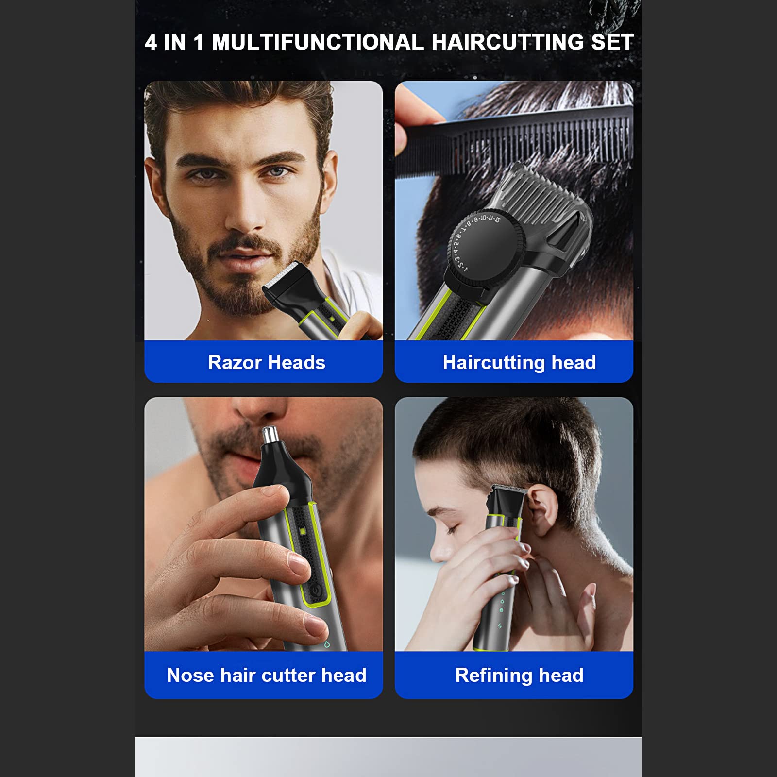 4 in 1 Rasoio per barba e peli del naso, Rimozione dei peli del naso indolore per uomo, Display LCD, Ricaricabile USB