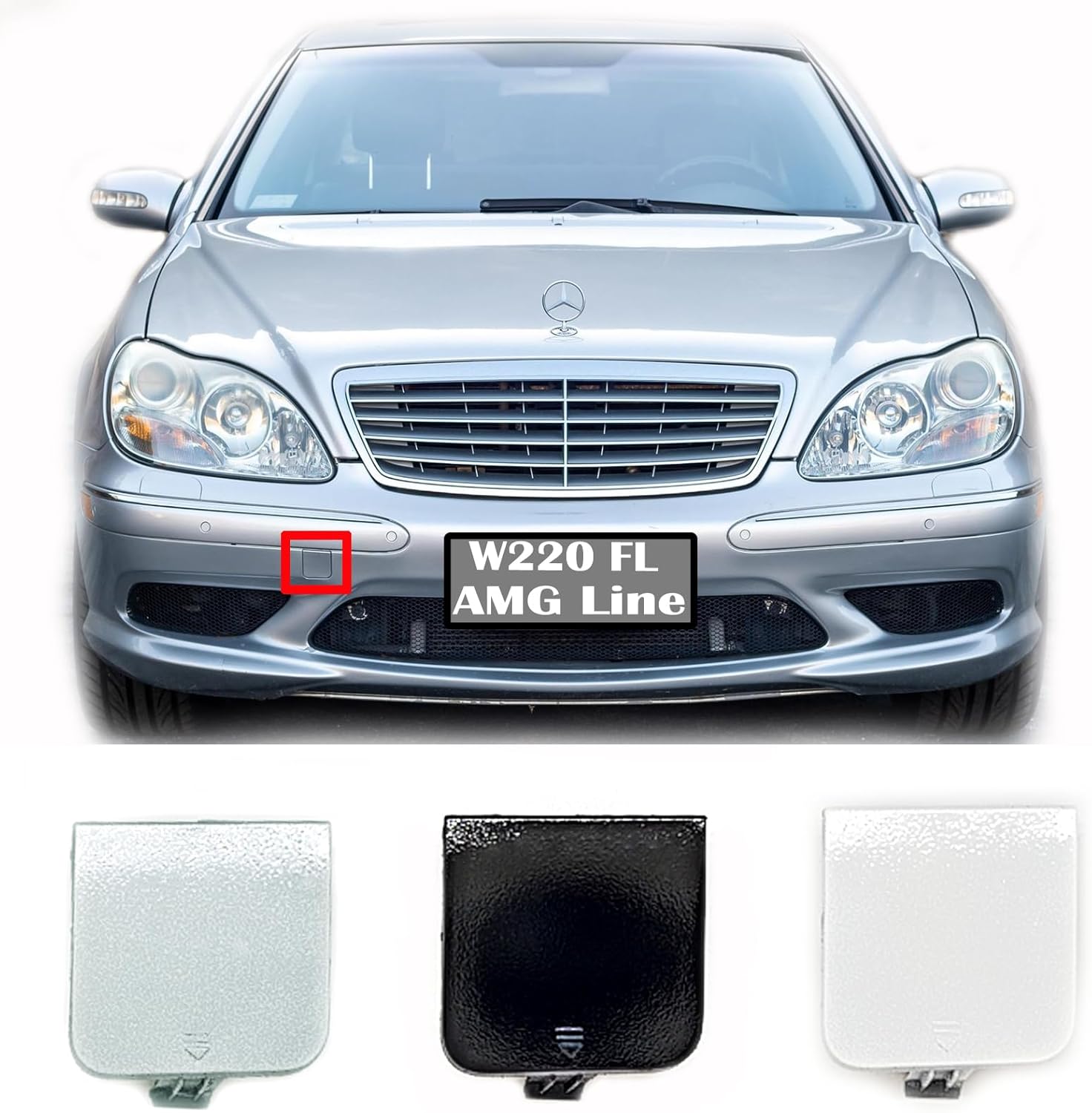 Front Tow Cover for 03-06 Mercedes Benz S Class W220 FL Fit S280 S320 S350 S400 S430 S500 S600 S55 S65 2003 2004 2005 2006 Bumper Towing Hook Eye Cap Black
