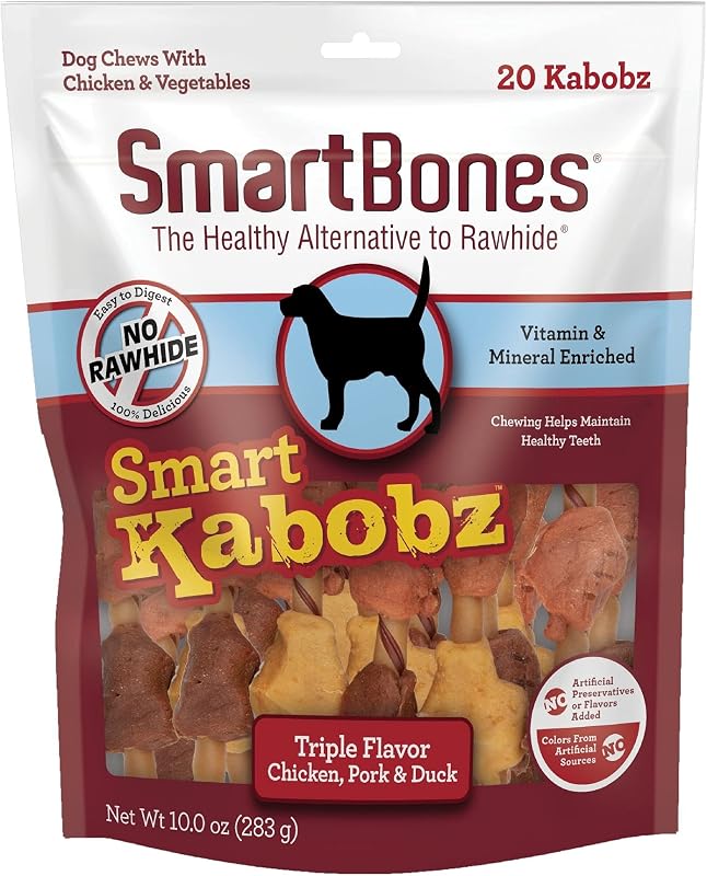 Ossos mastigáveis para cães SmartBones Smart Kabobz sem couro cru, com frango, porco e pato, Pacote com 20