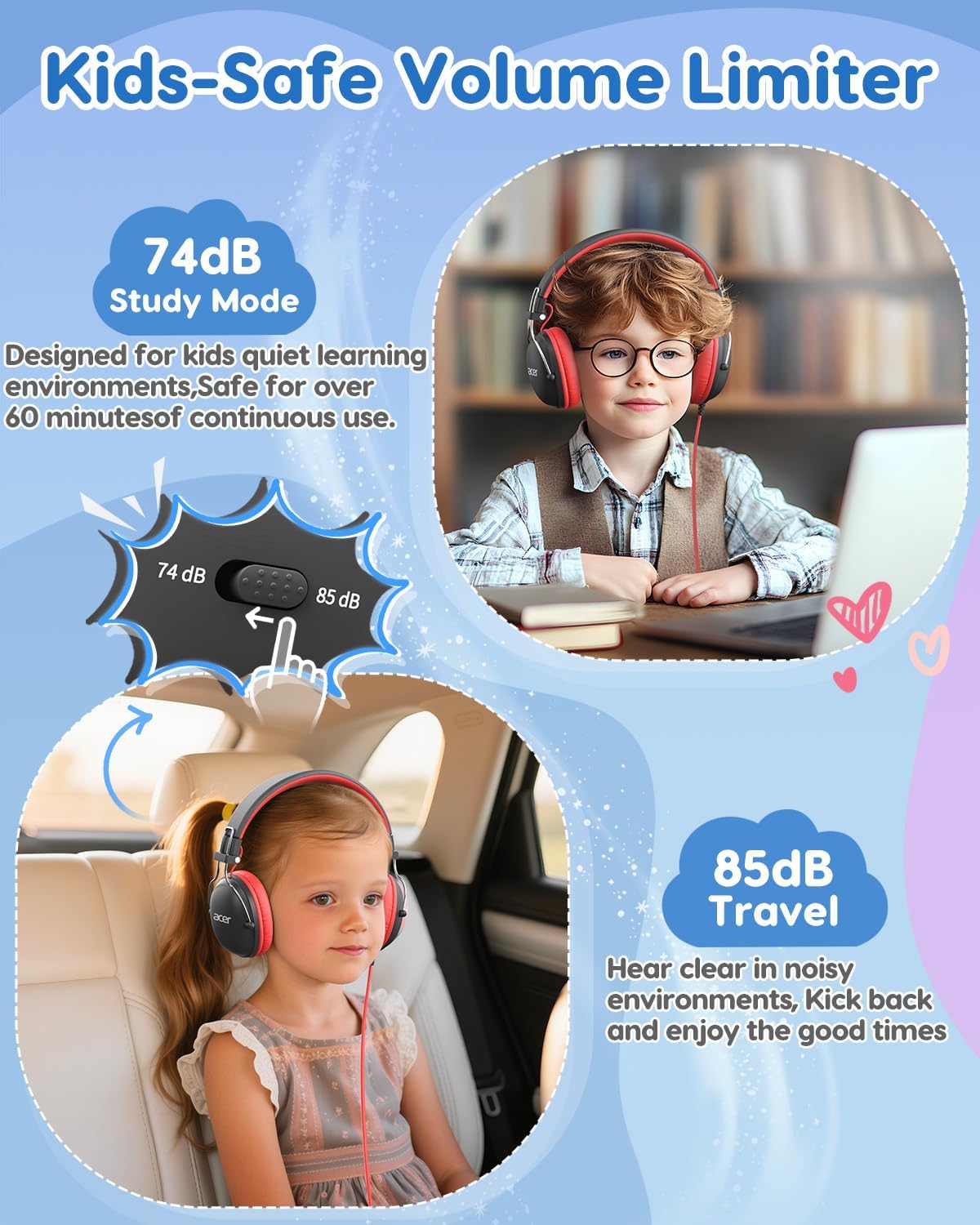 Acer Kids Headphones for School, 74/85dB Safe Volume,Kids Headphones with Cord, 3.5mm Jack, Stereo Sound Wired On-Ear Headphones for Airplane Travel, Boys Girls, Chromebook,Kids Tablet, Black Red